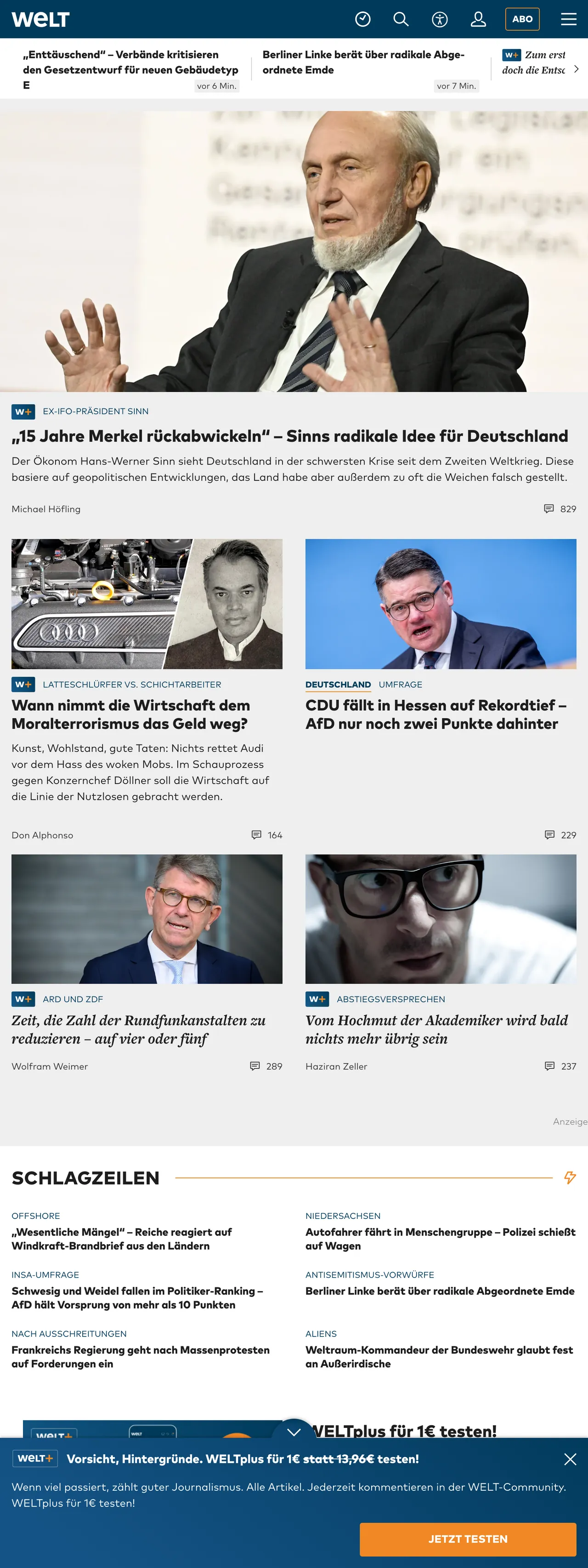 Screenshot of the WELT front page