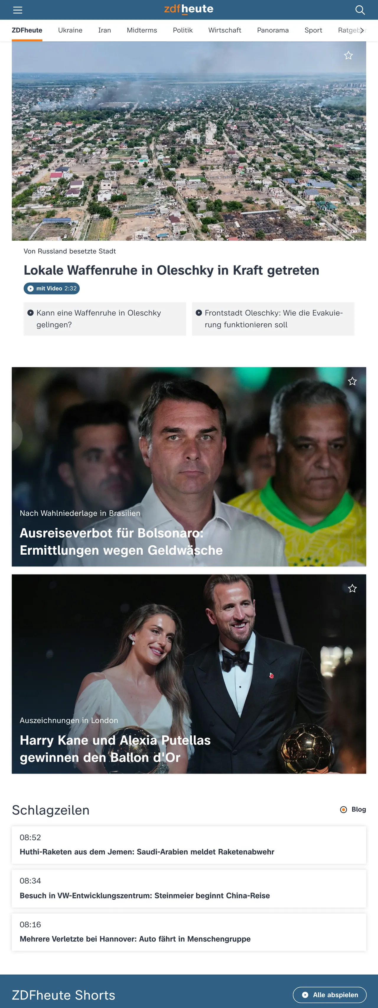 Screenshot of the ZDFheute front page