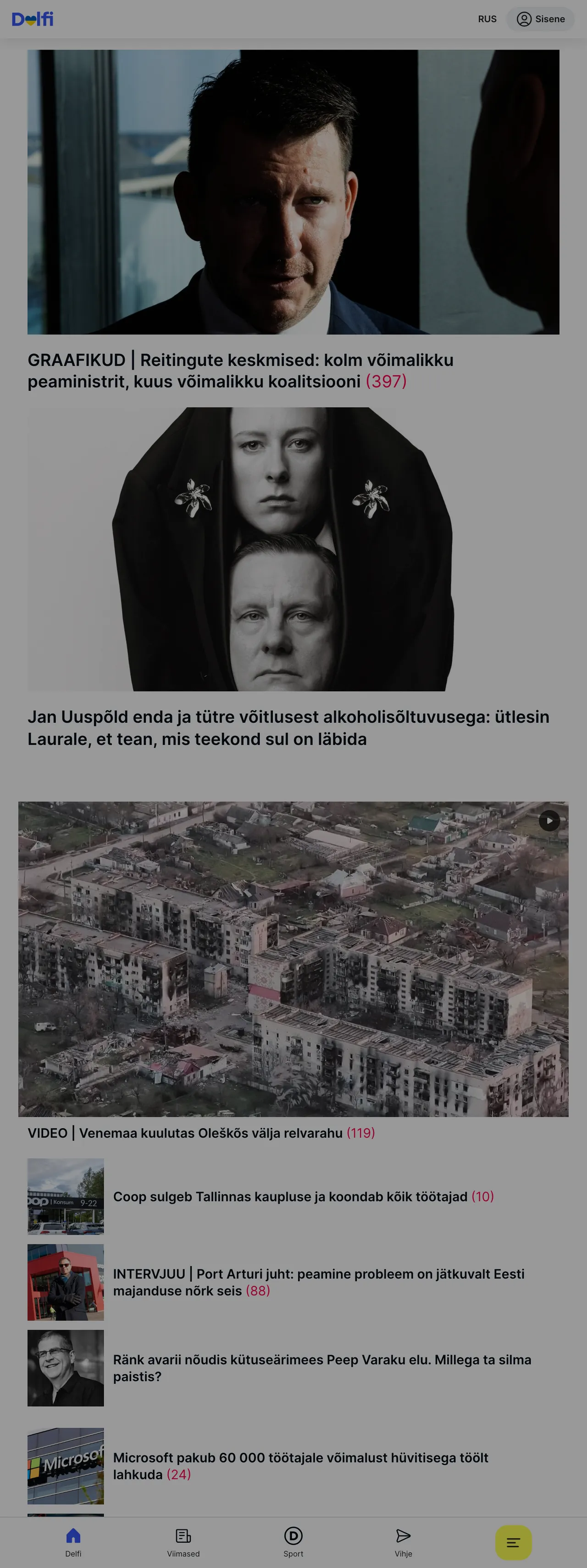 Screenshot of the Delfi front page