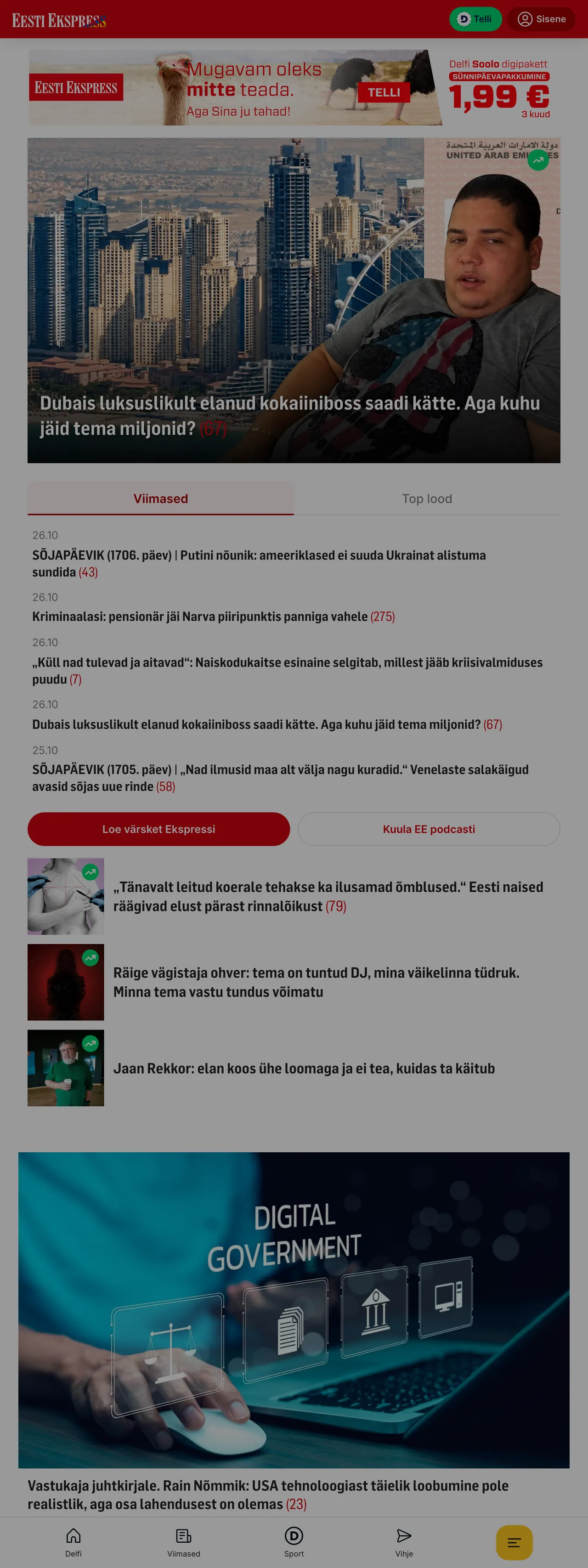 Screenshot of the Eesti Ekspress front page