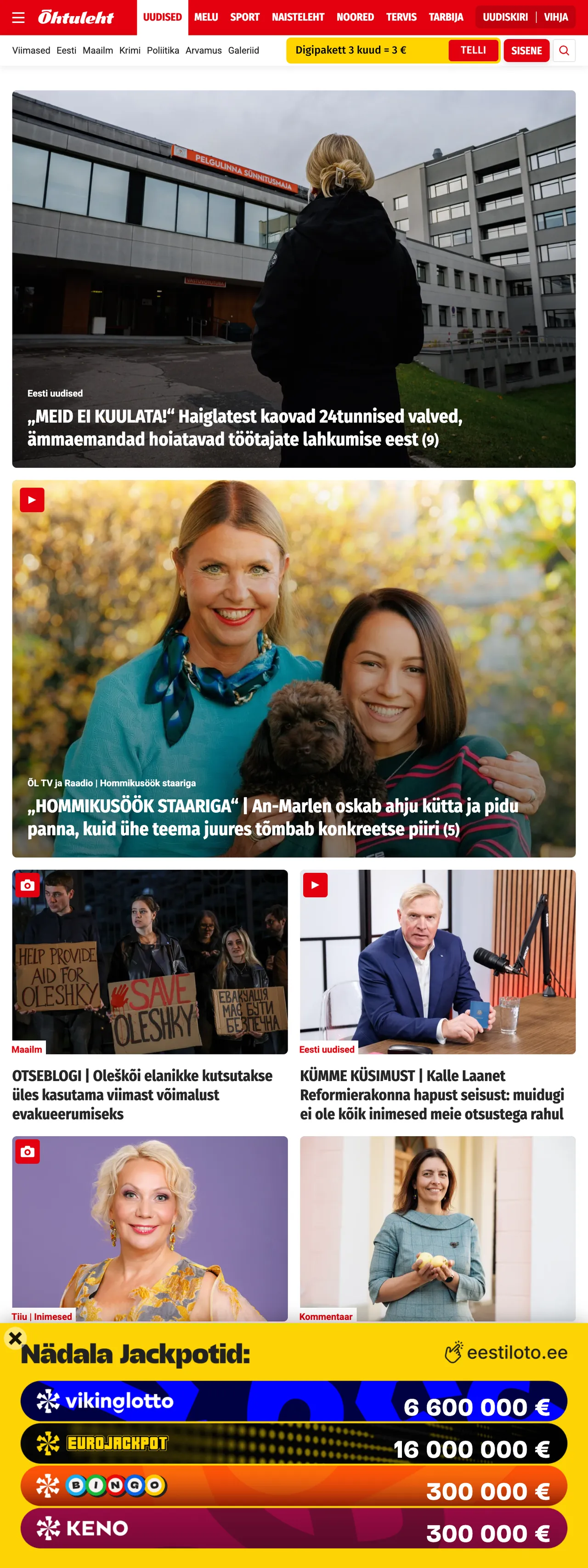 Screenshot of the Õhtuleht front page