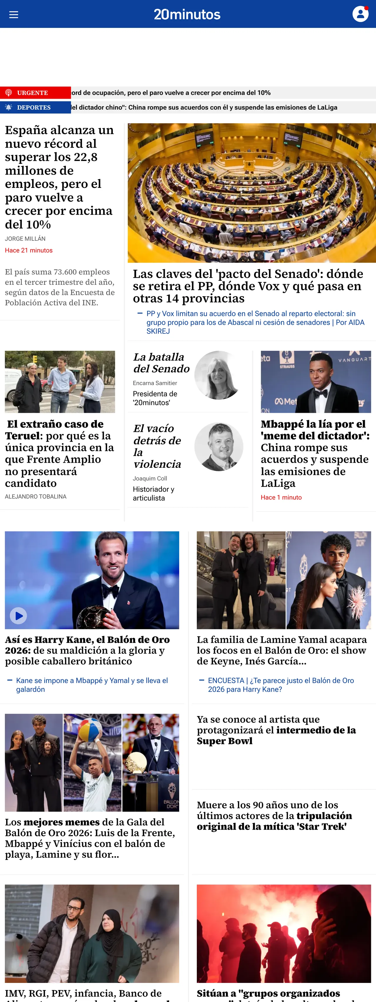 Screenshot of the 20minutos front page