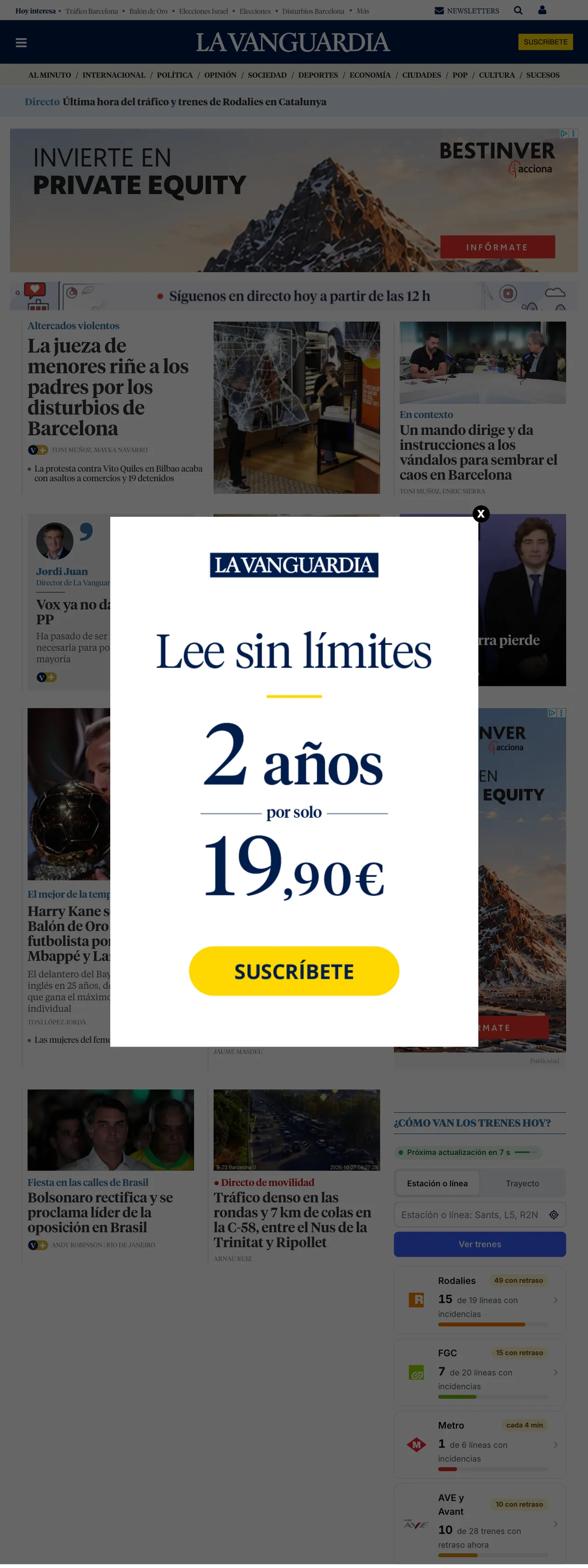 Screenshot of the La Vanguardia front page
