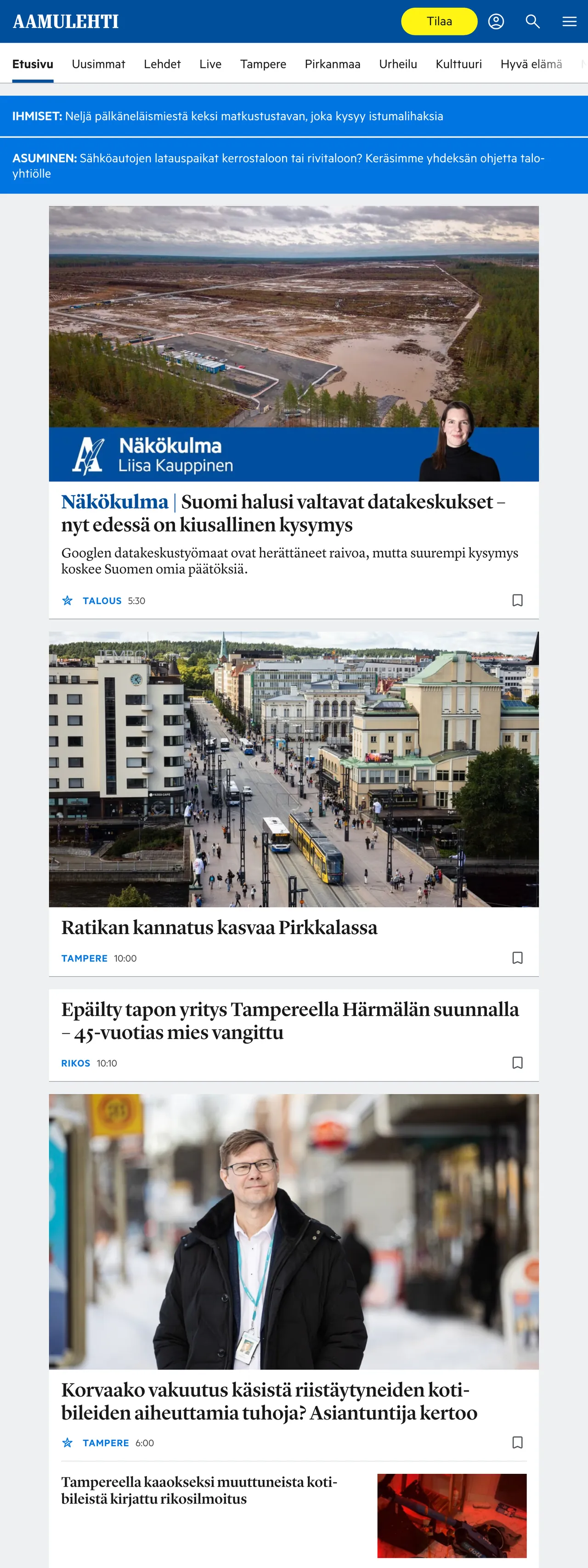 Screenshot of the Aamulehti front page