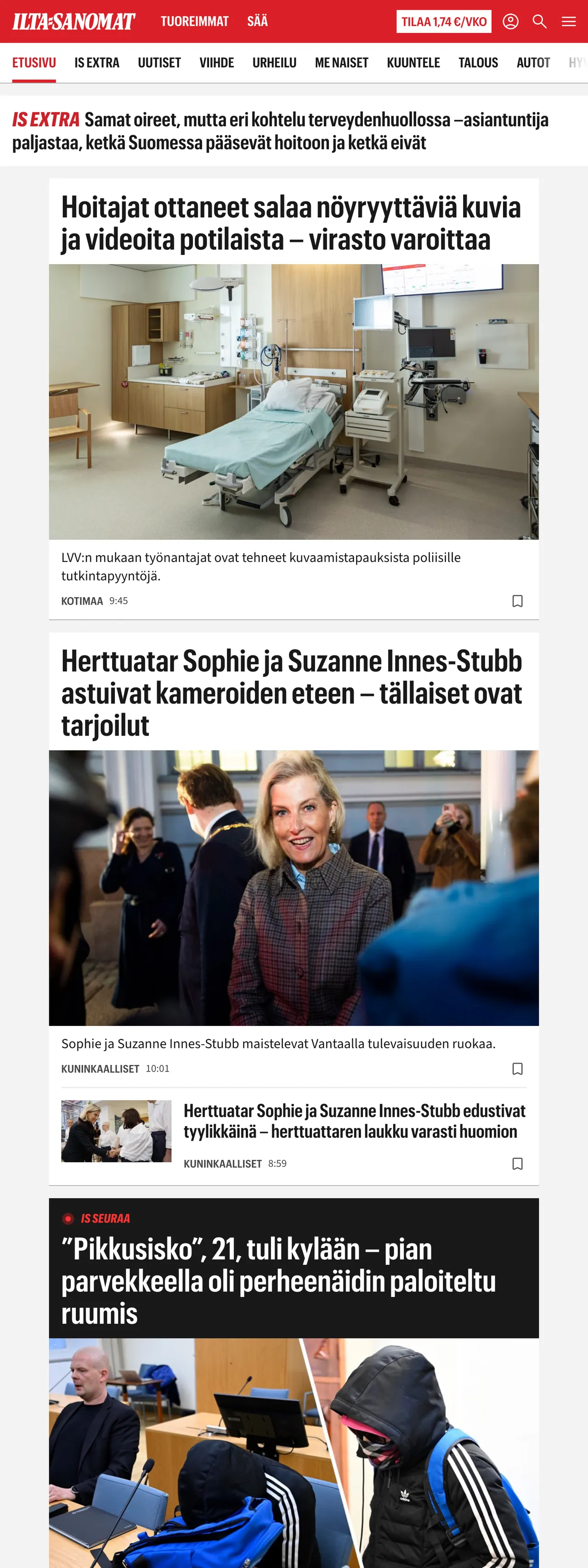 Screenshot of the Ilta-Sanomat front page