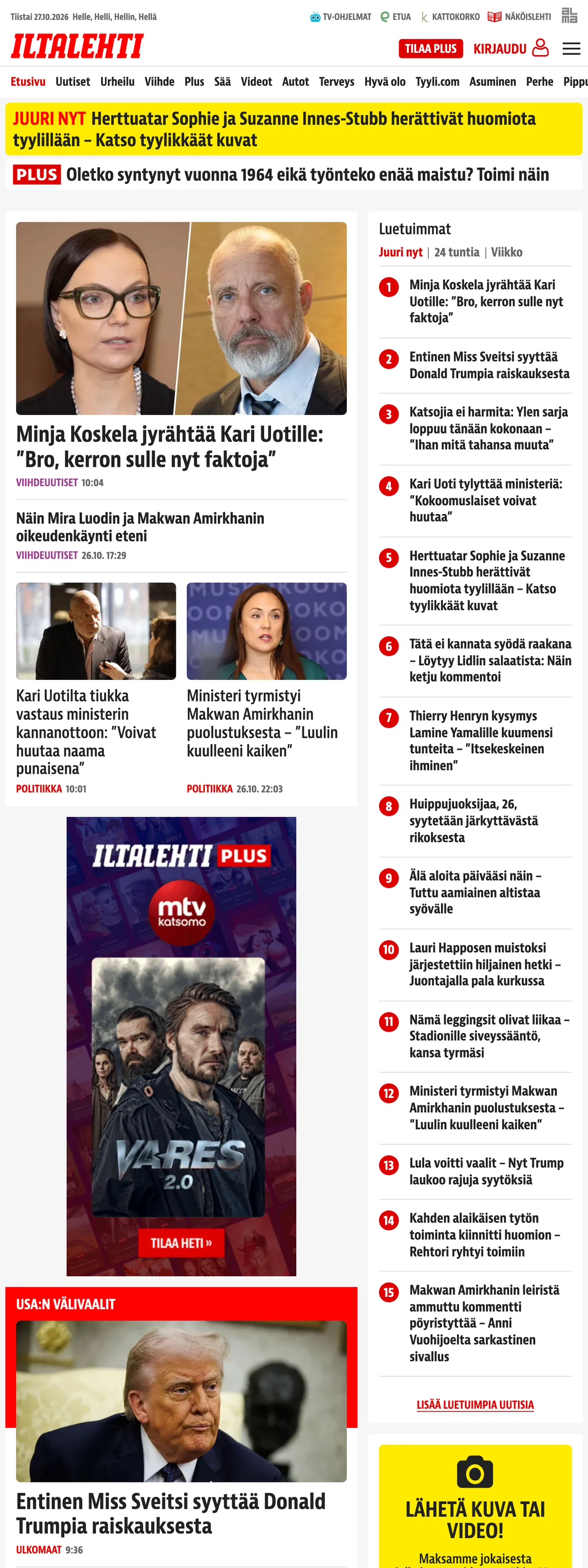 Screenshot of the Iltalehti front page
