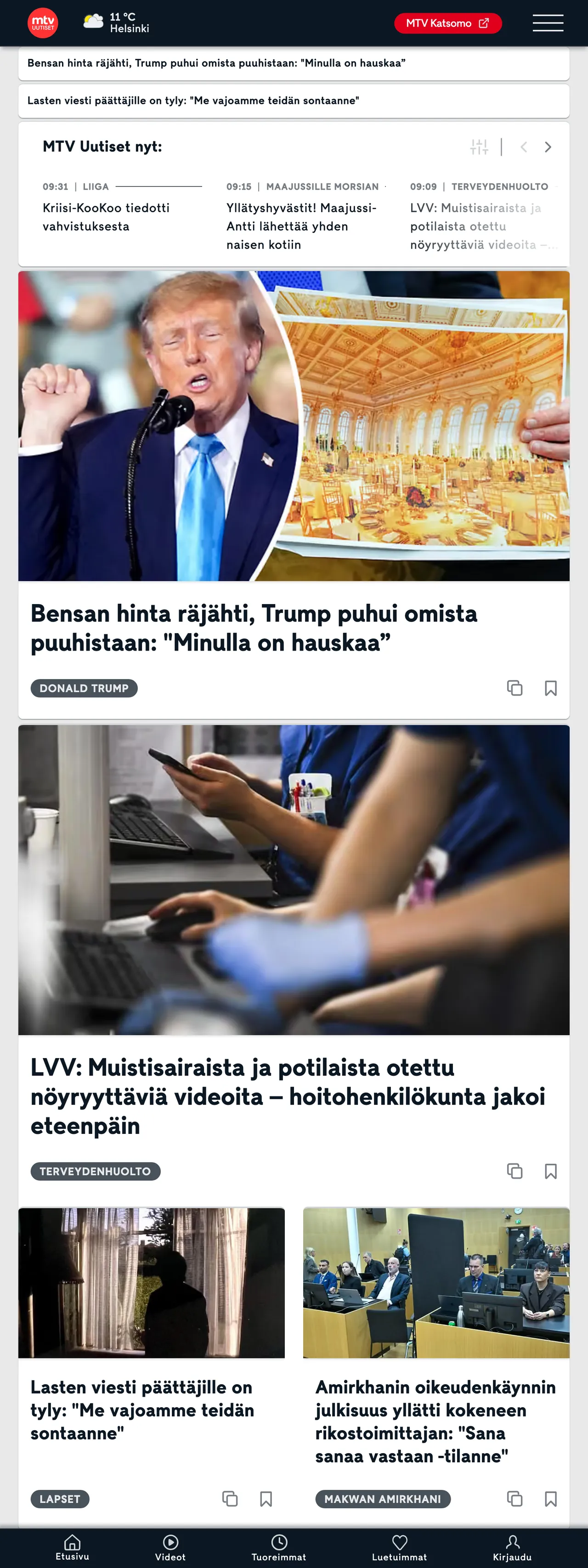 Screenshot of the MTV Uutiset front page