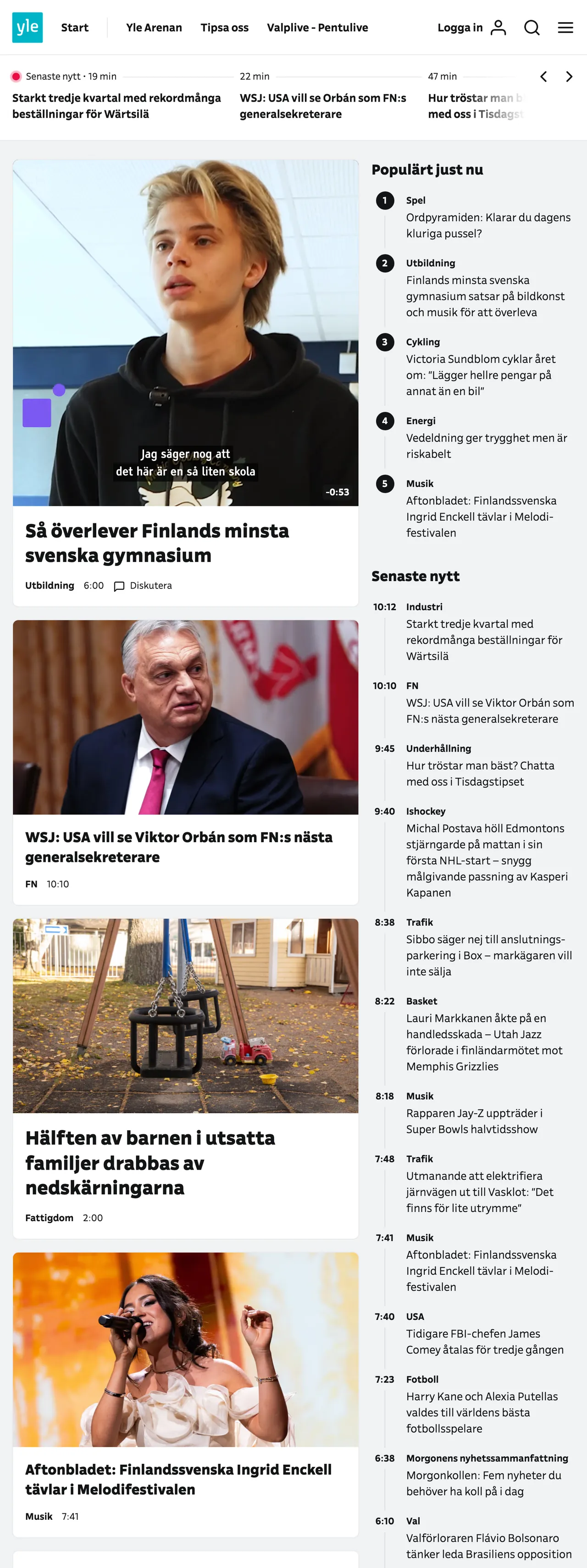 Screenshot of the Svenska Yle front page