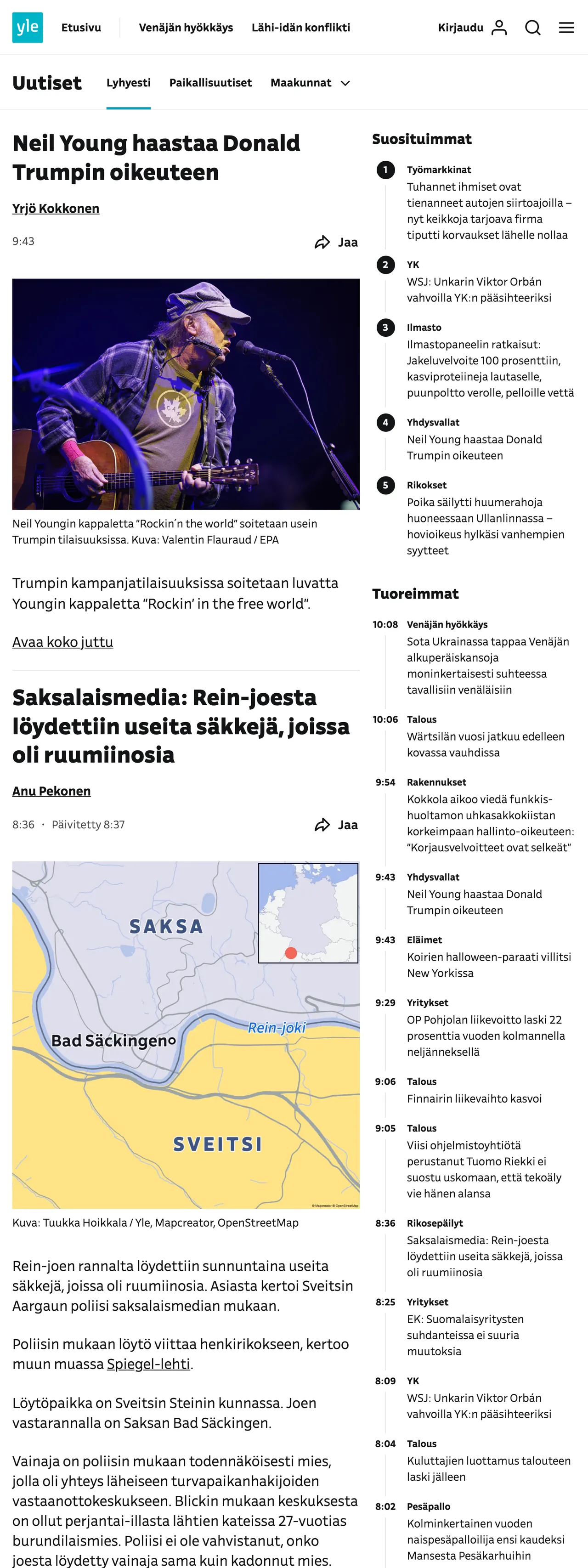 Screenshot of the Yle front page