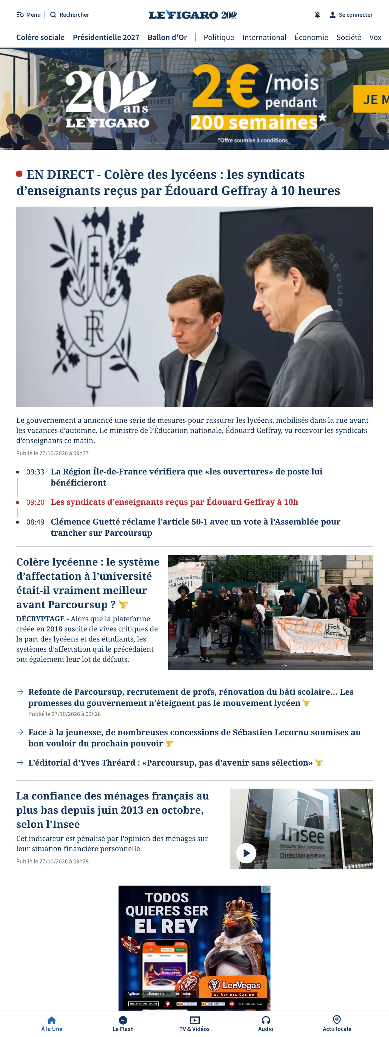 Screenshot of the Le Figaro front page