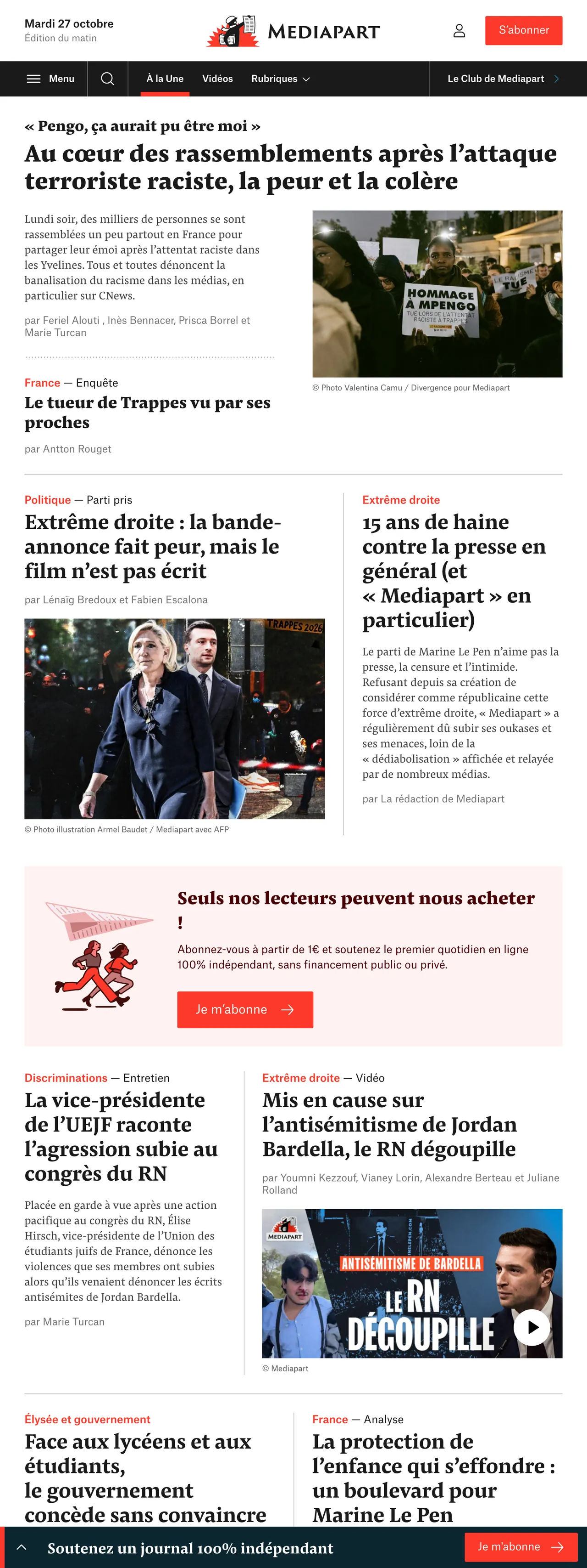 Screenshot of the Mediapart front page