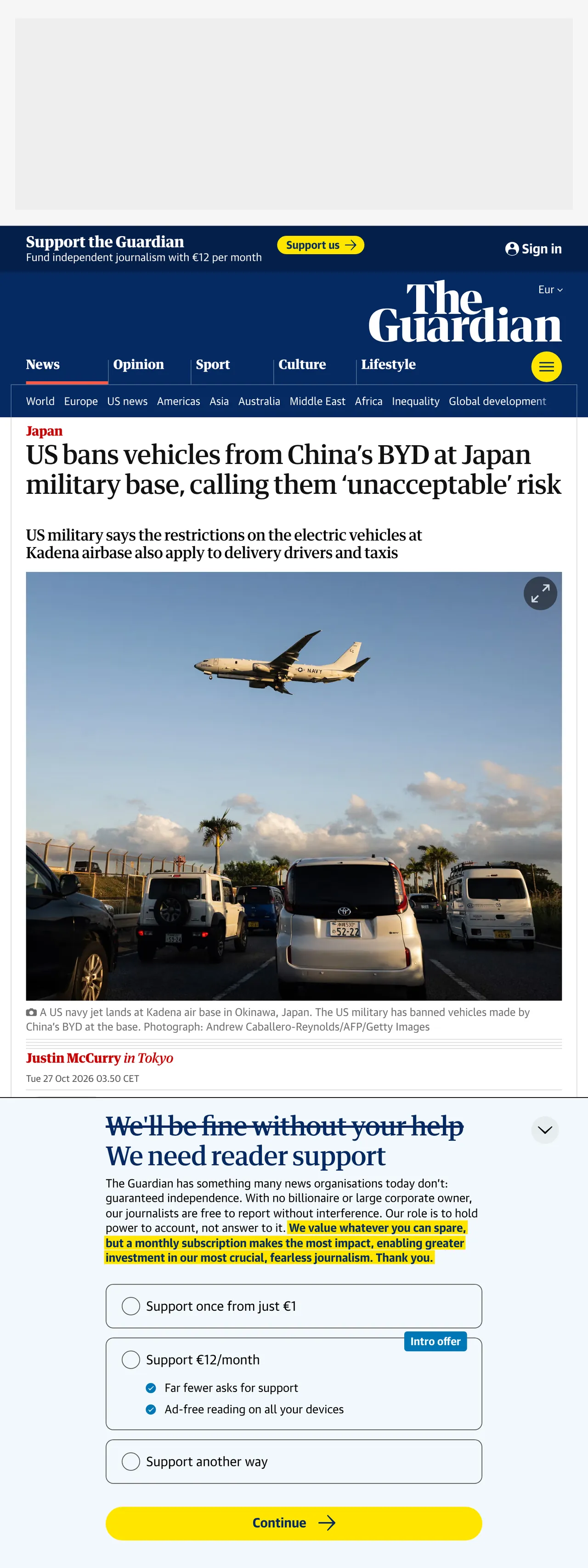 Screenshot of the The Guardian front page