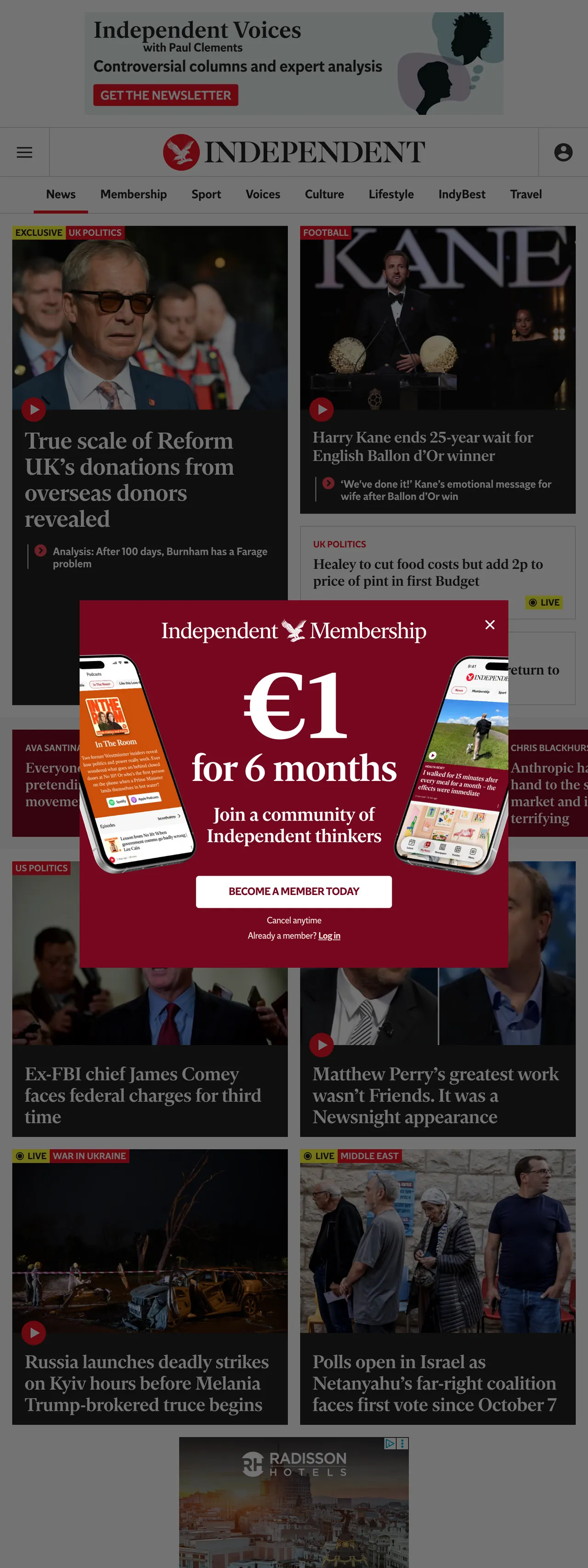 Screenshot of the The Independent front page
