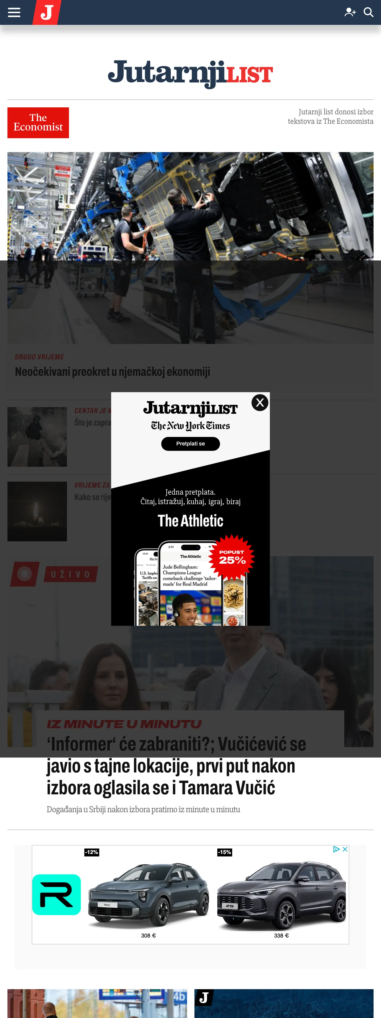 Screenshot of the Jutarnji list front page