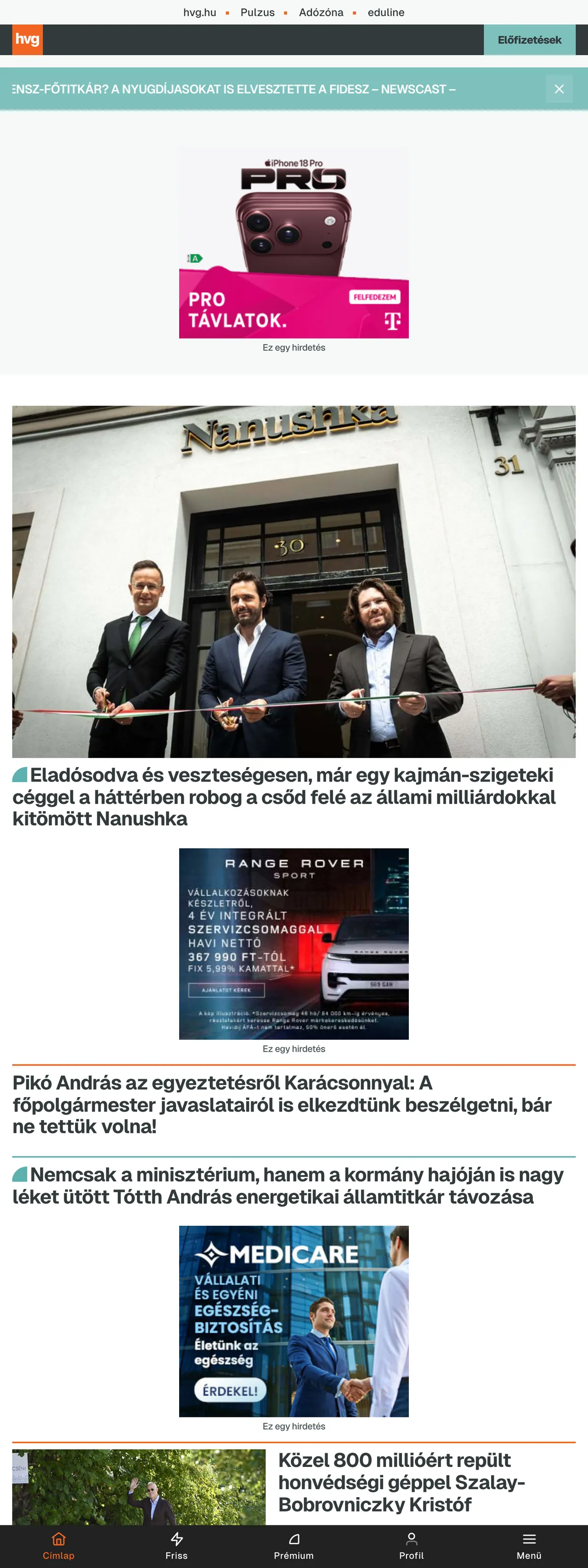 Screenshot of the HVG front page