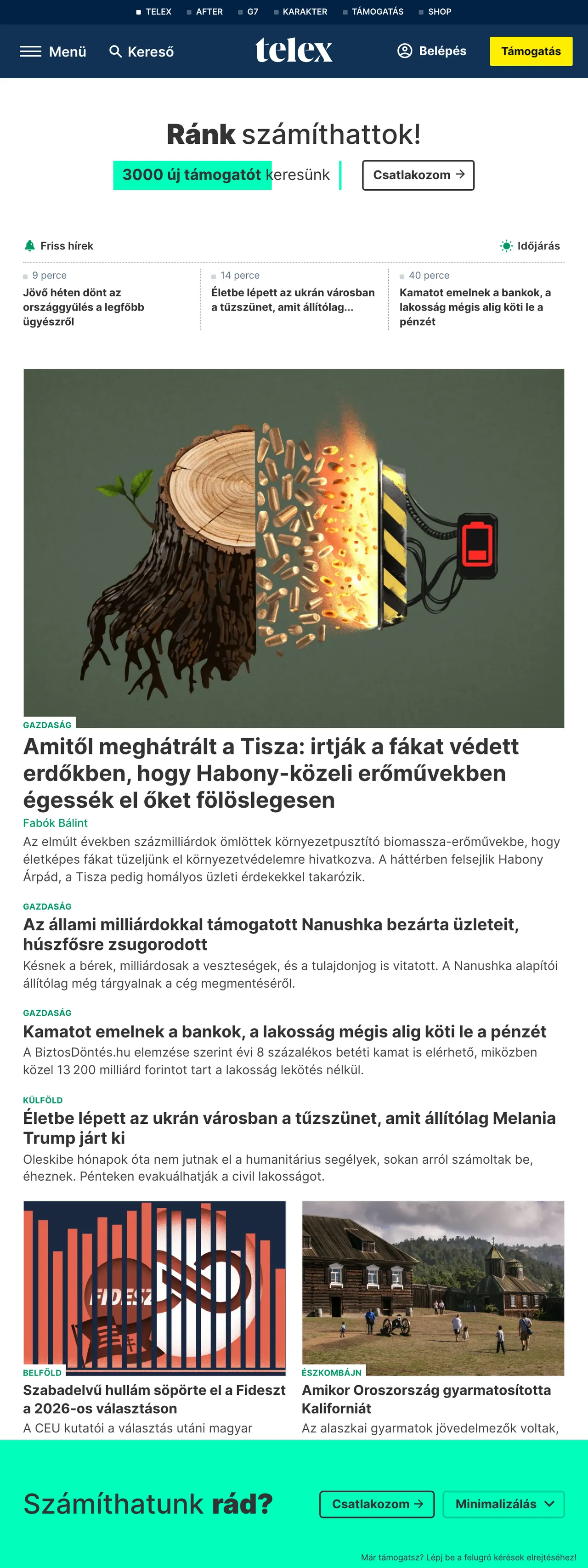 Screenshot of the Telex front page