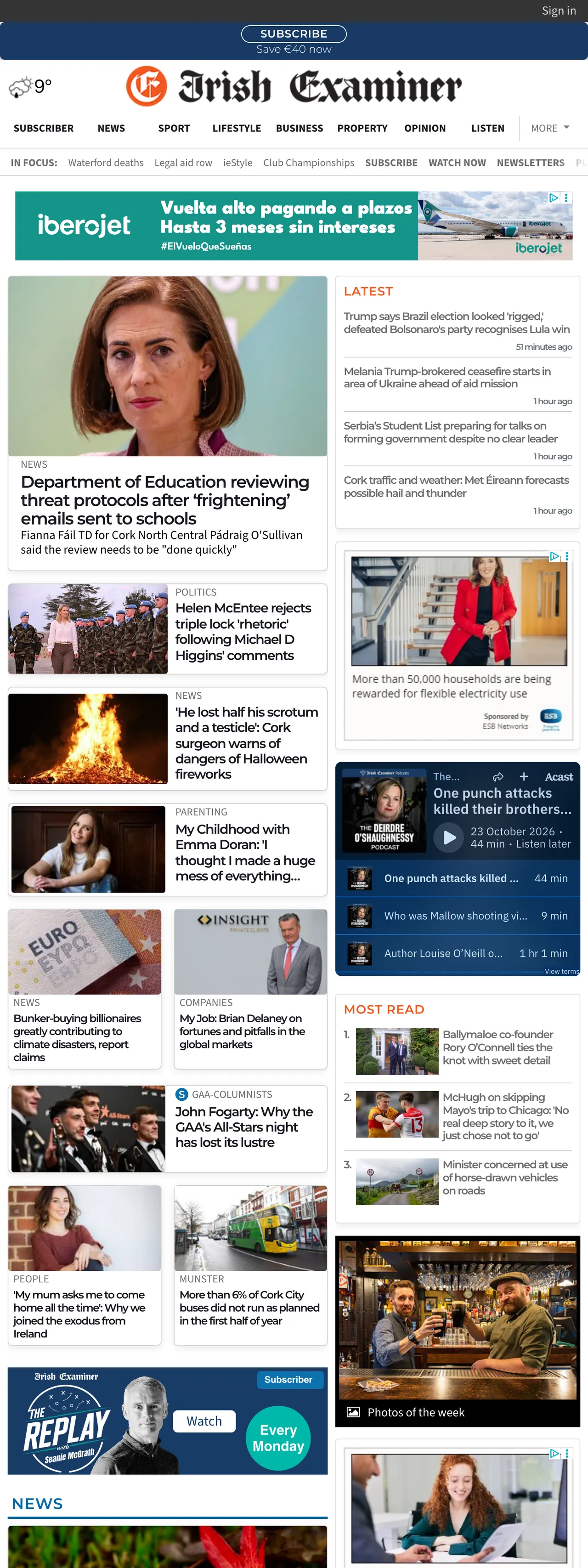 Screenshot of the Irish Examiner front page