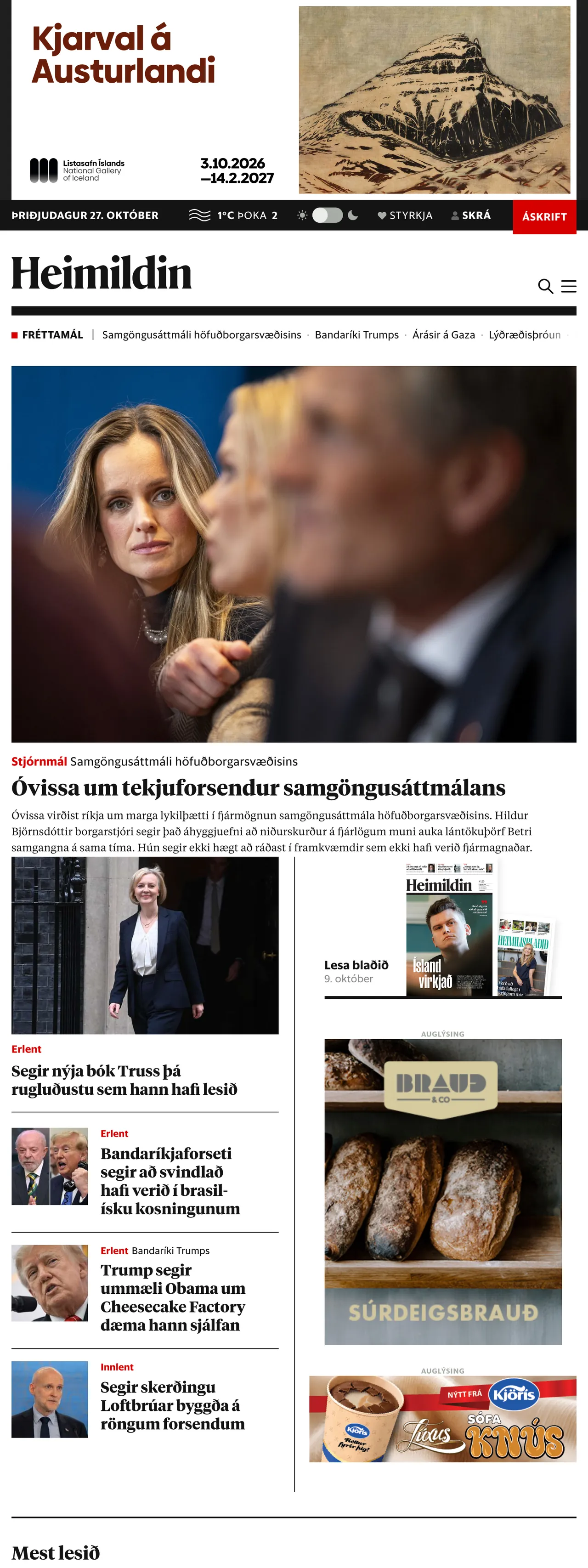 Screenshot of the Heimildin front page