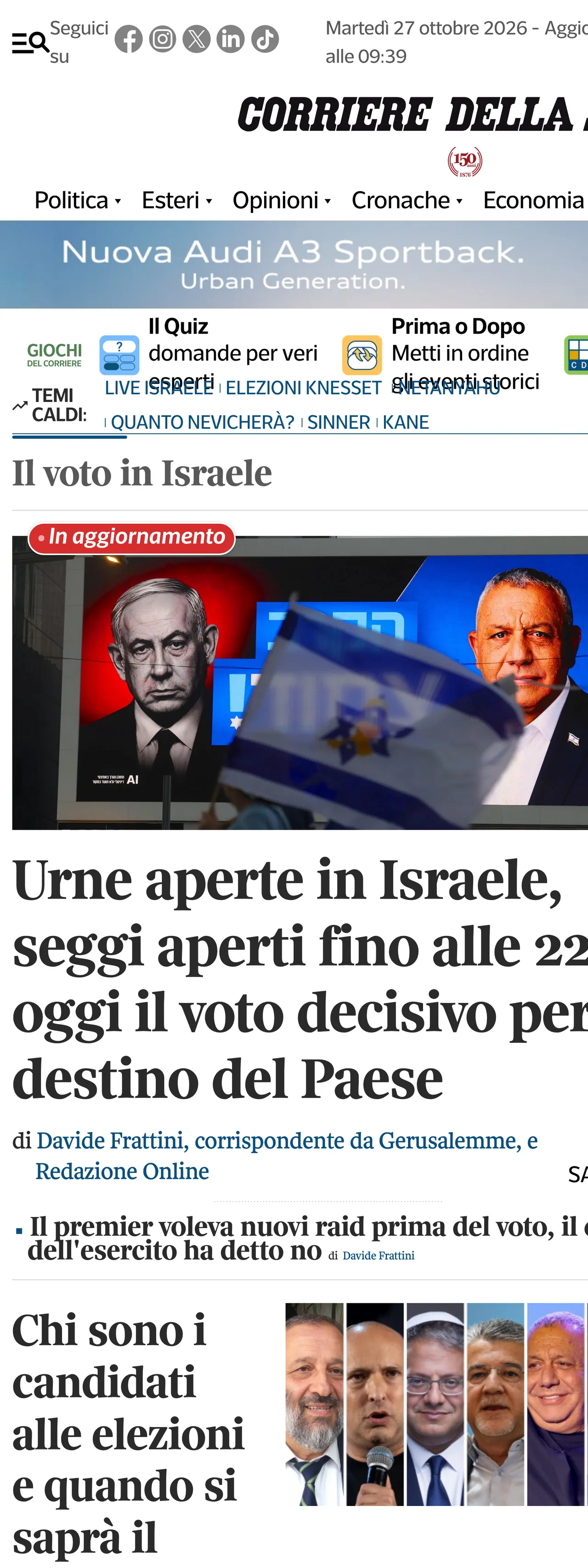 Screenshot of the Corriere della Sera front page