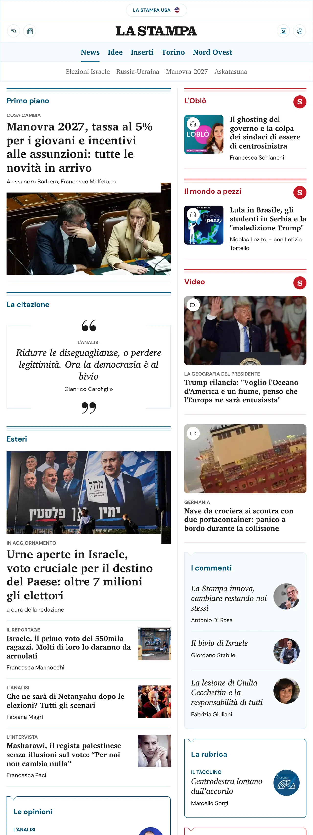 Screenshot of the La Stampa front page