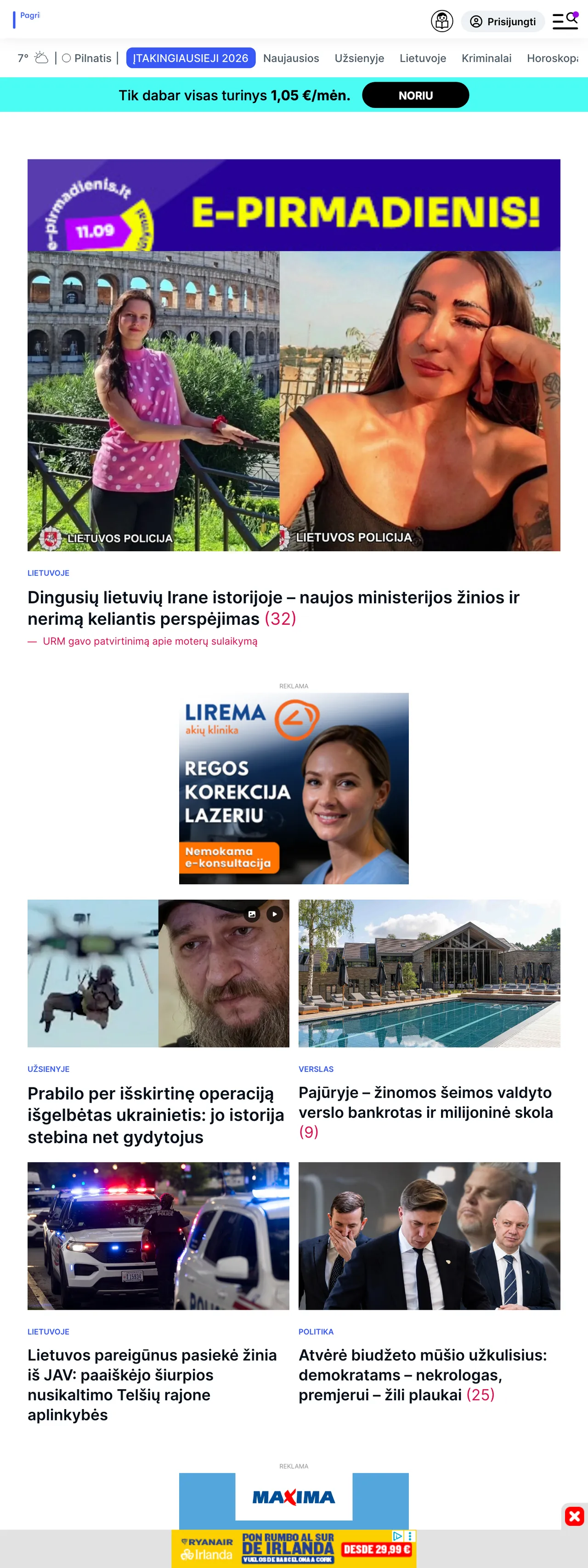 Screenshot of the Delfi front page