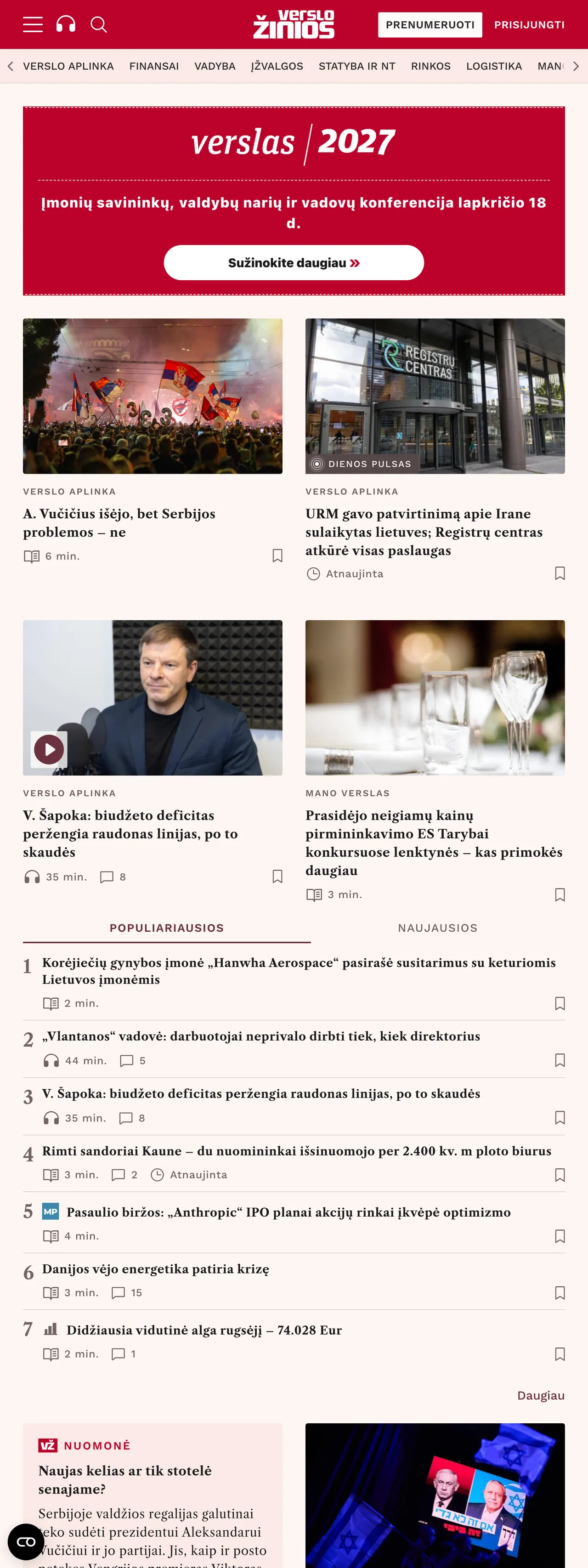 Screenshot of the Verslo žinios front page