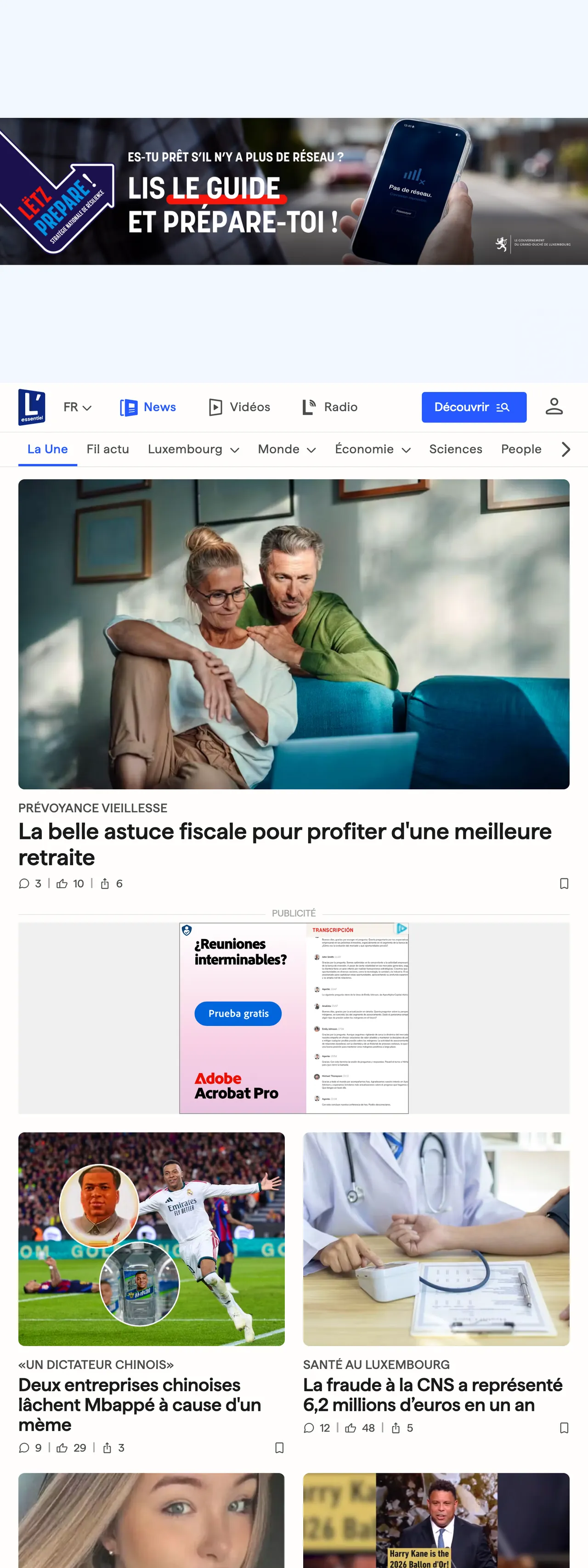 Screenshot of the L'essentiel front page