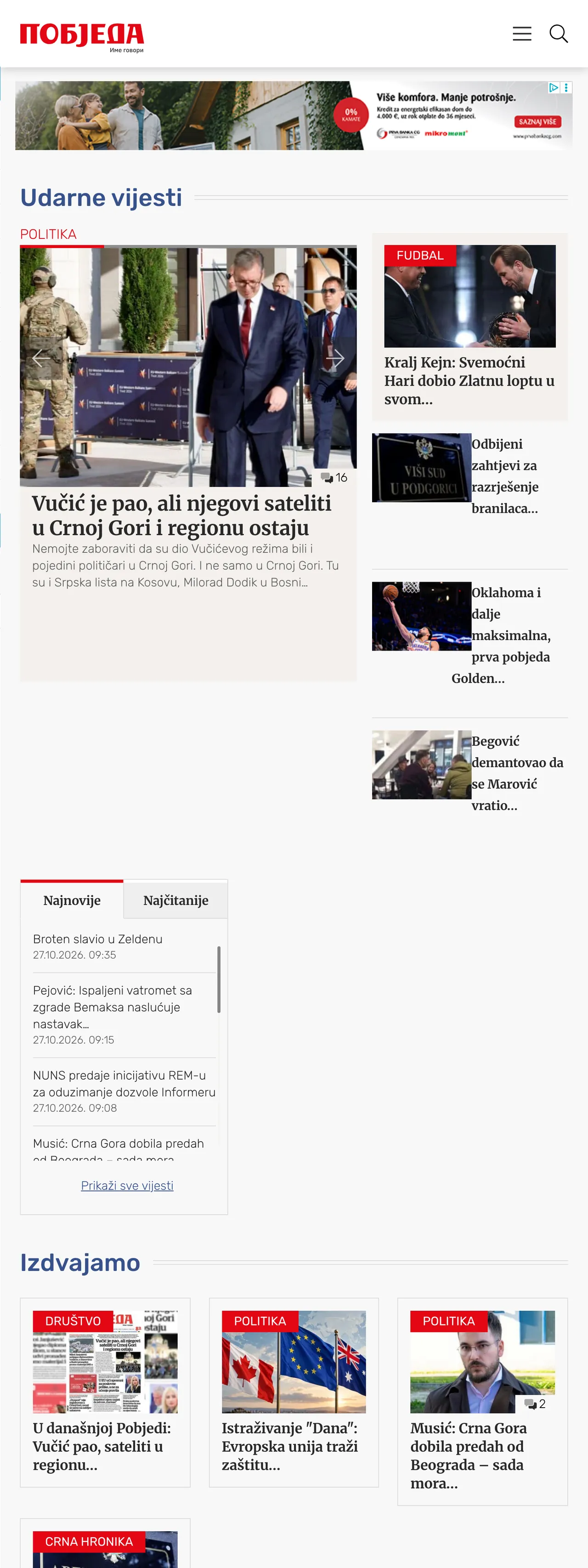 Screenshot of the Pobjeda front page