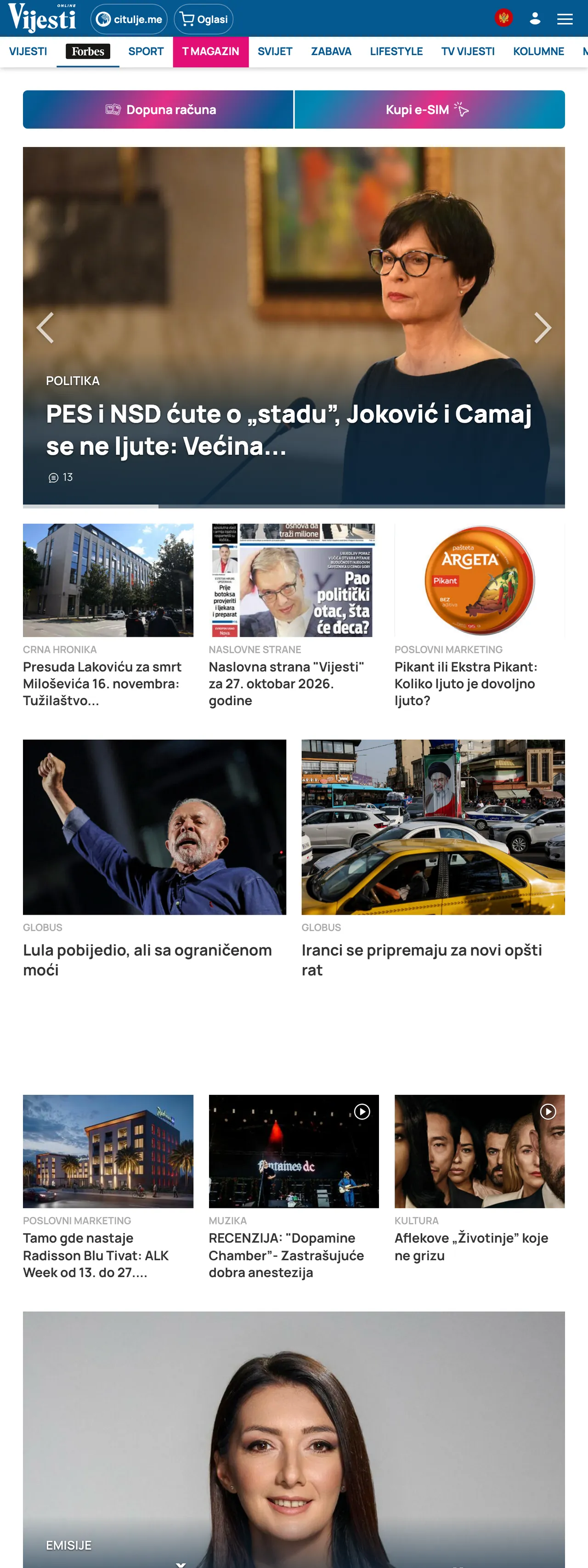 Screenshot of the Vijesti front page