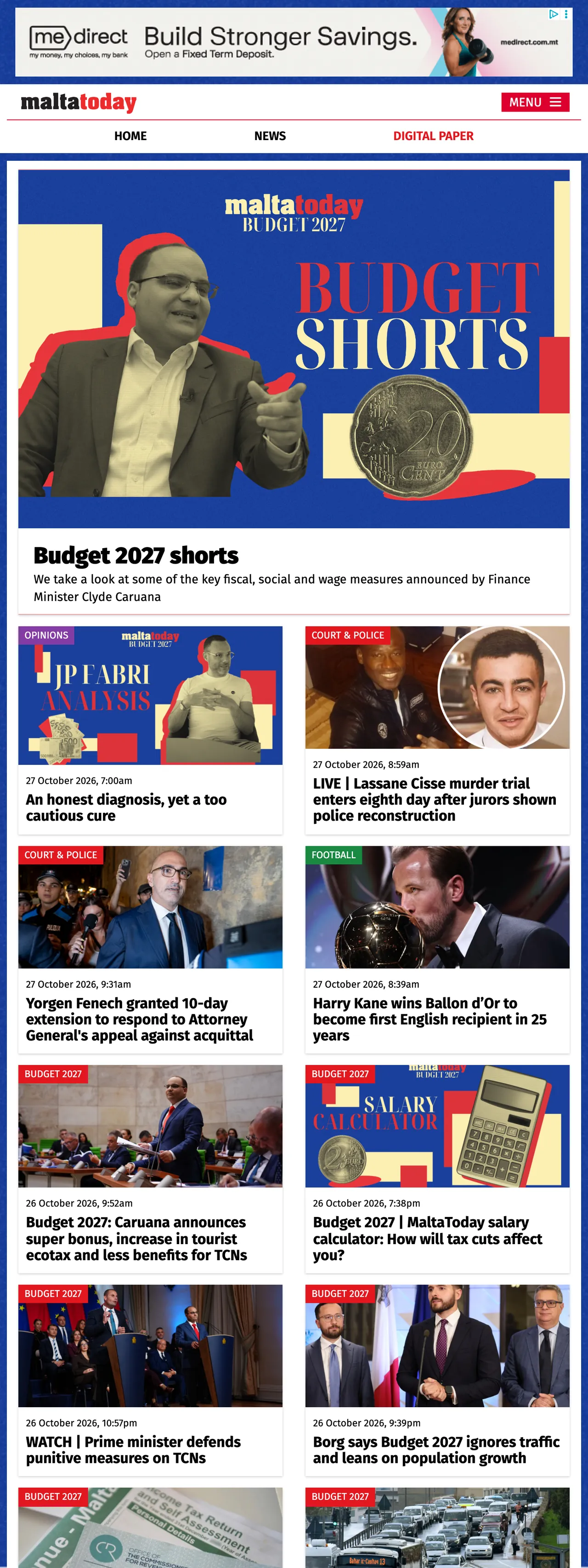 Screenshot of the Malta Today front page