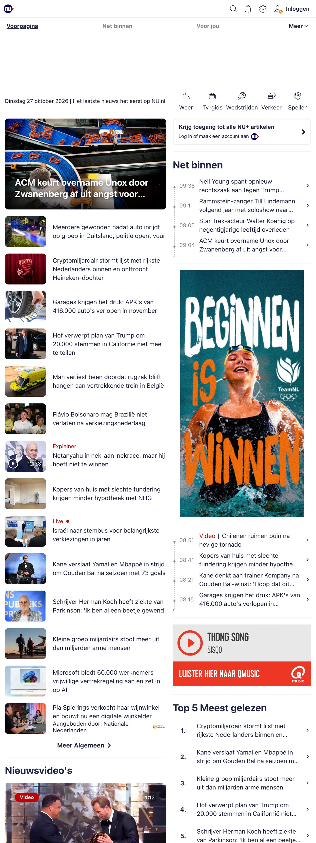Screenshot of the NU.nl front page