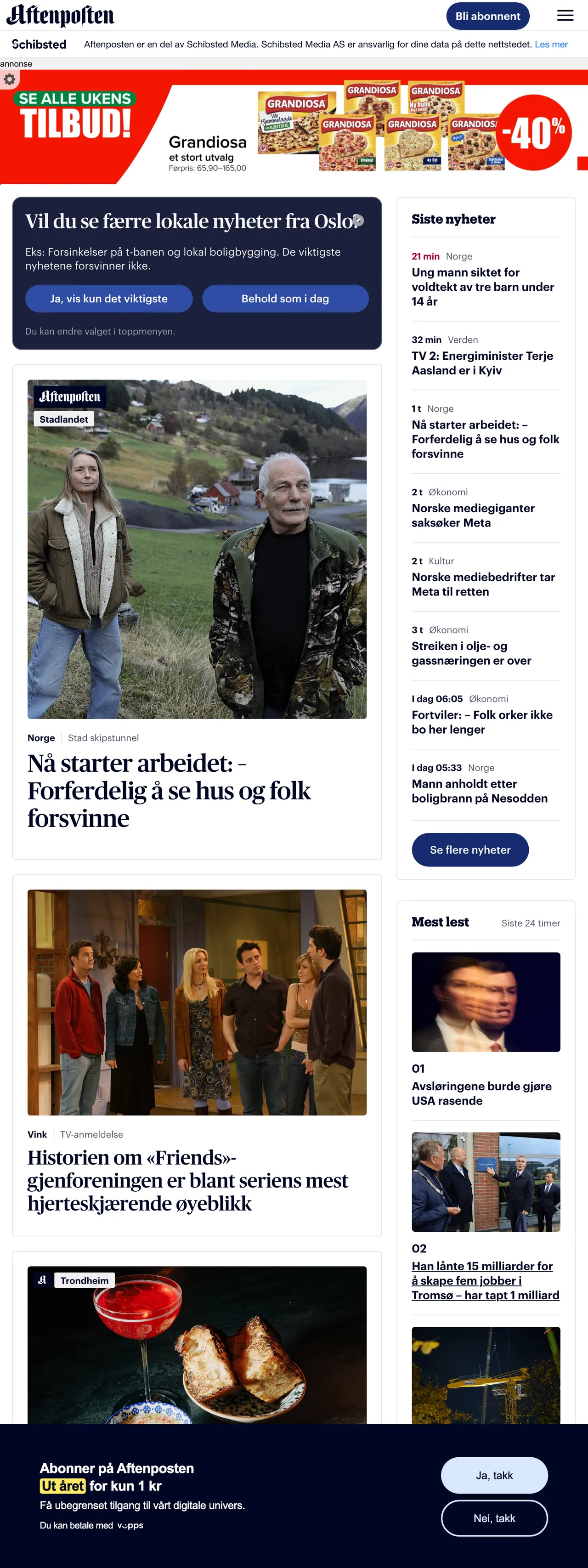 Screenshot of the Aftenposten front page