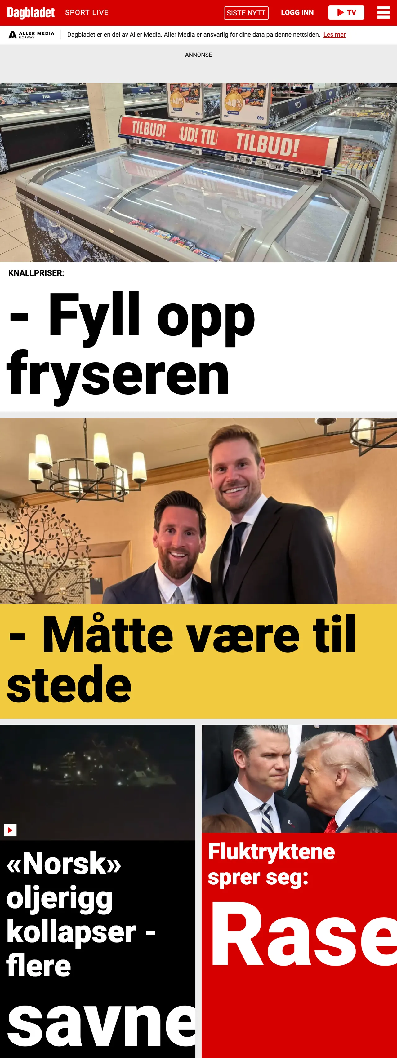 Screenshot of the Dagbladet front page