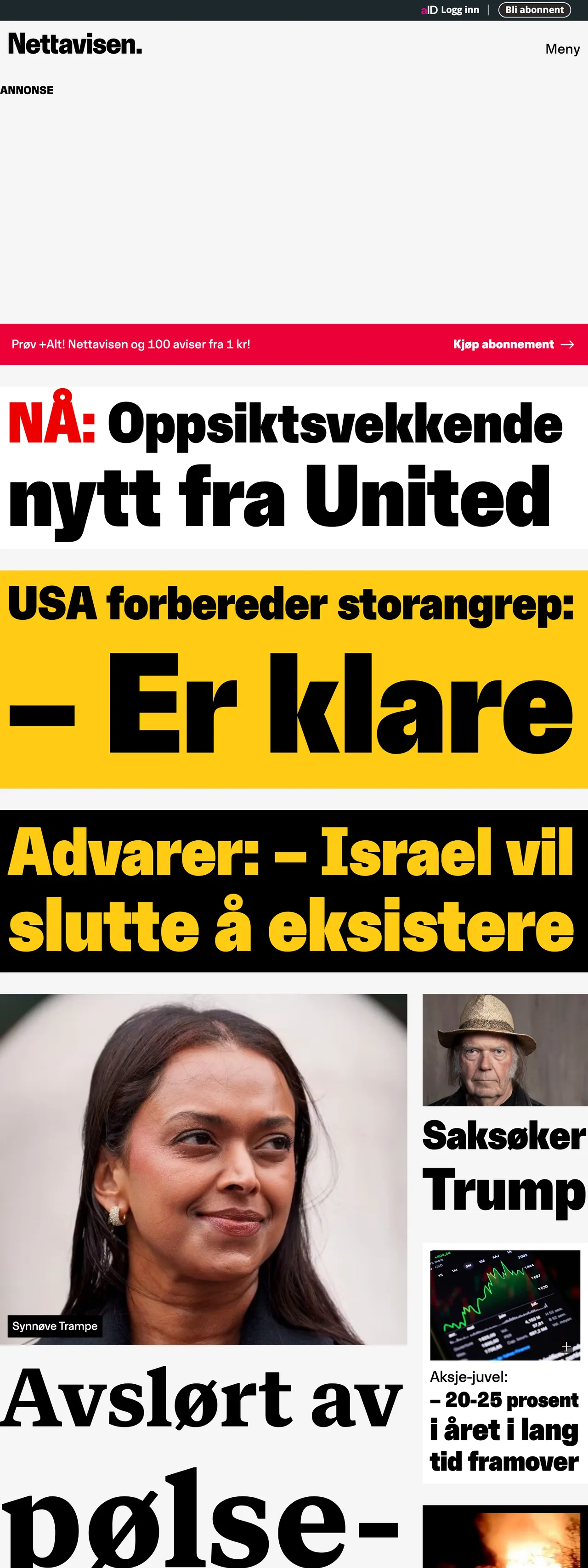 Screenshot of the Nettavisen front page