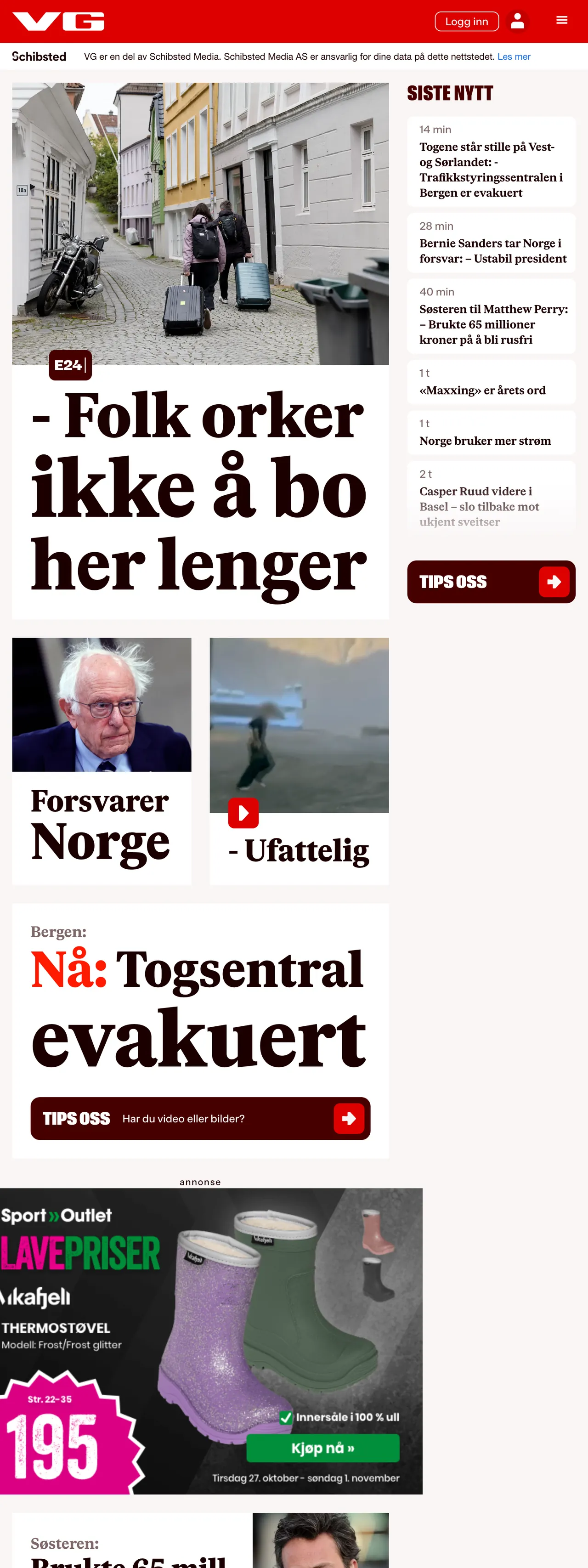 Screenshot of the VG front page