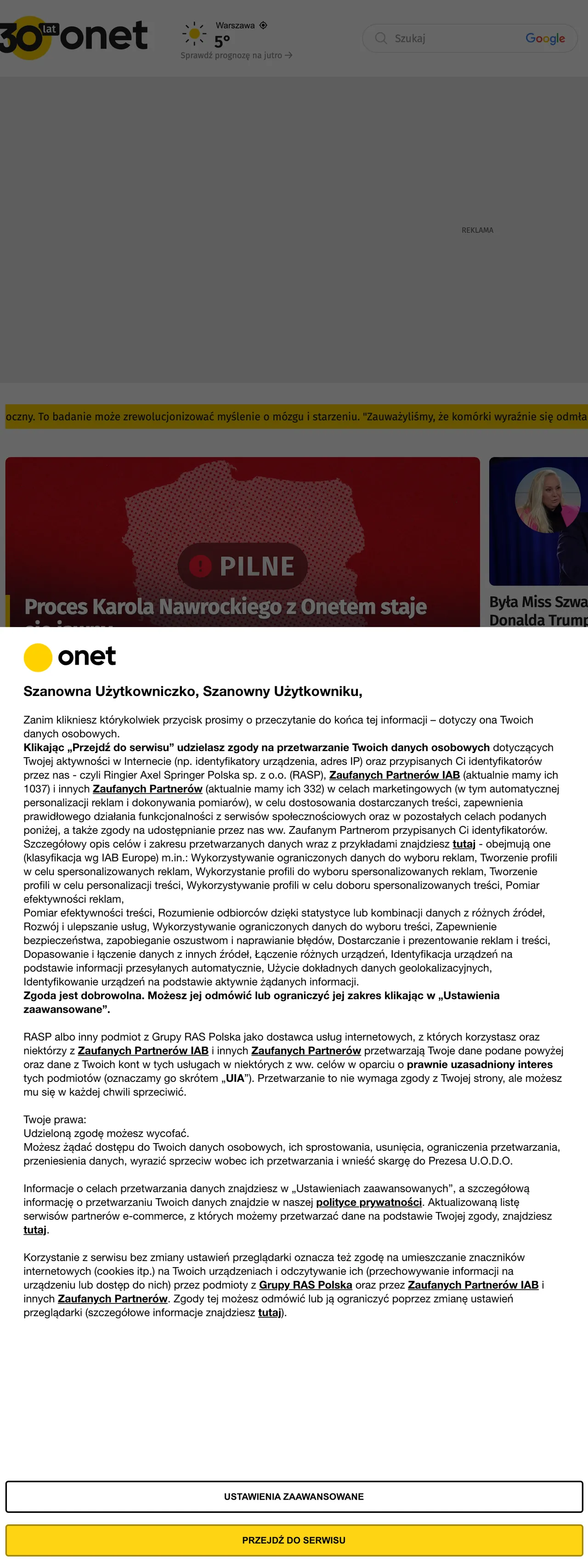 Screenshot of the Onet front page