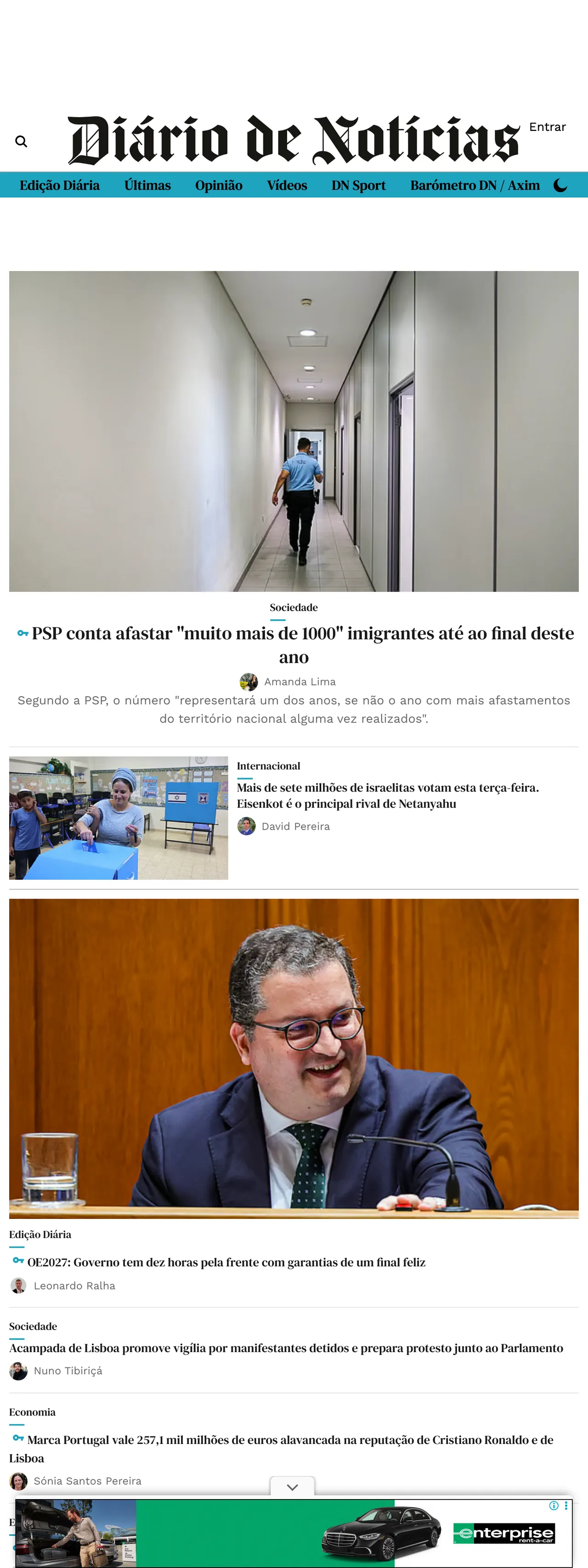 Screenshot of the Diário de Notícias front page
