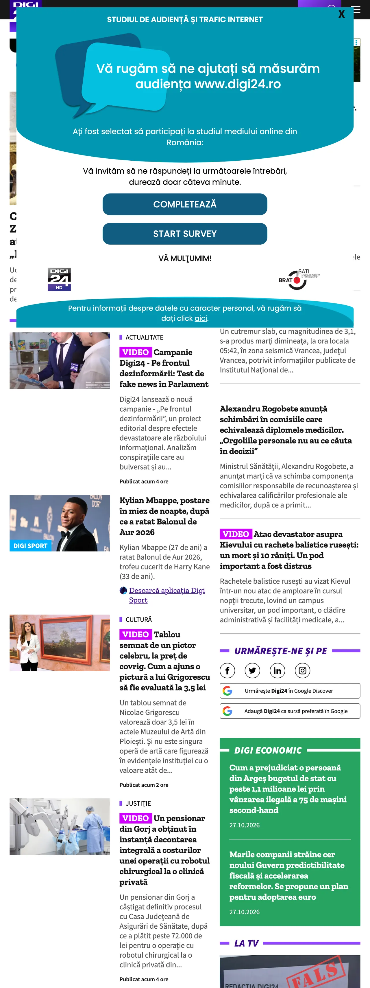 Screenshot of the Digi24 front page