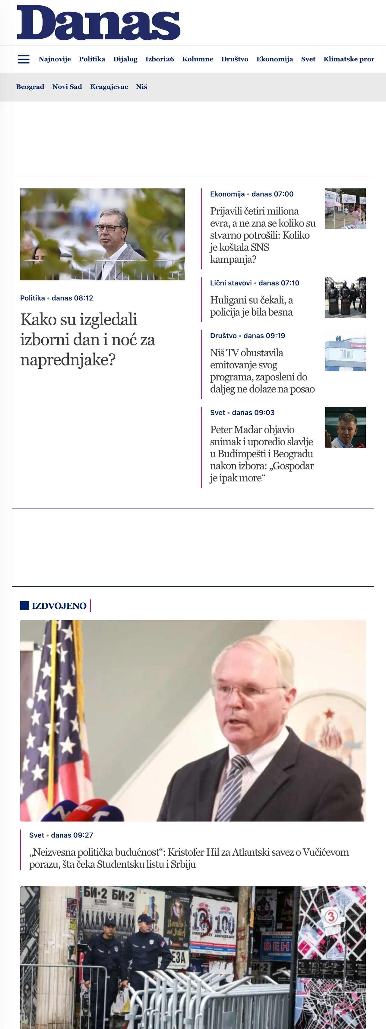 Screenshot of the Danas front page