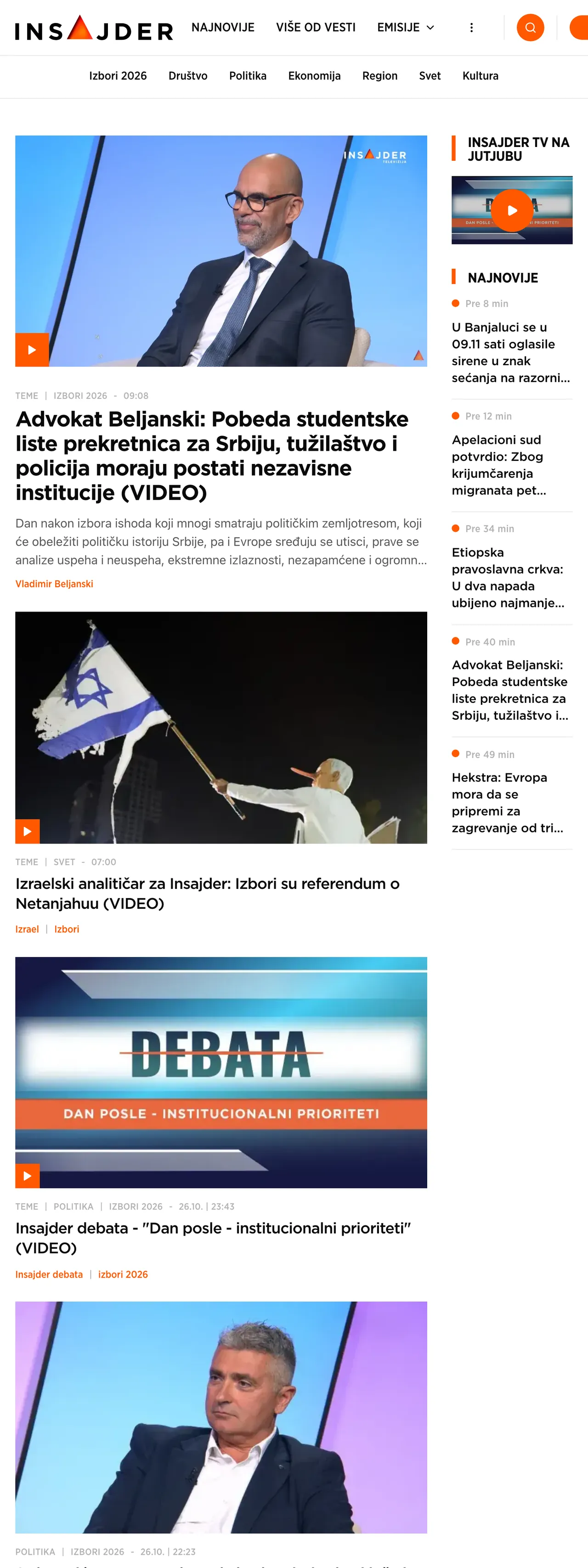 Screenshot of the Insajder front page