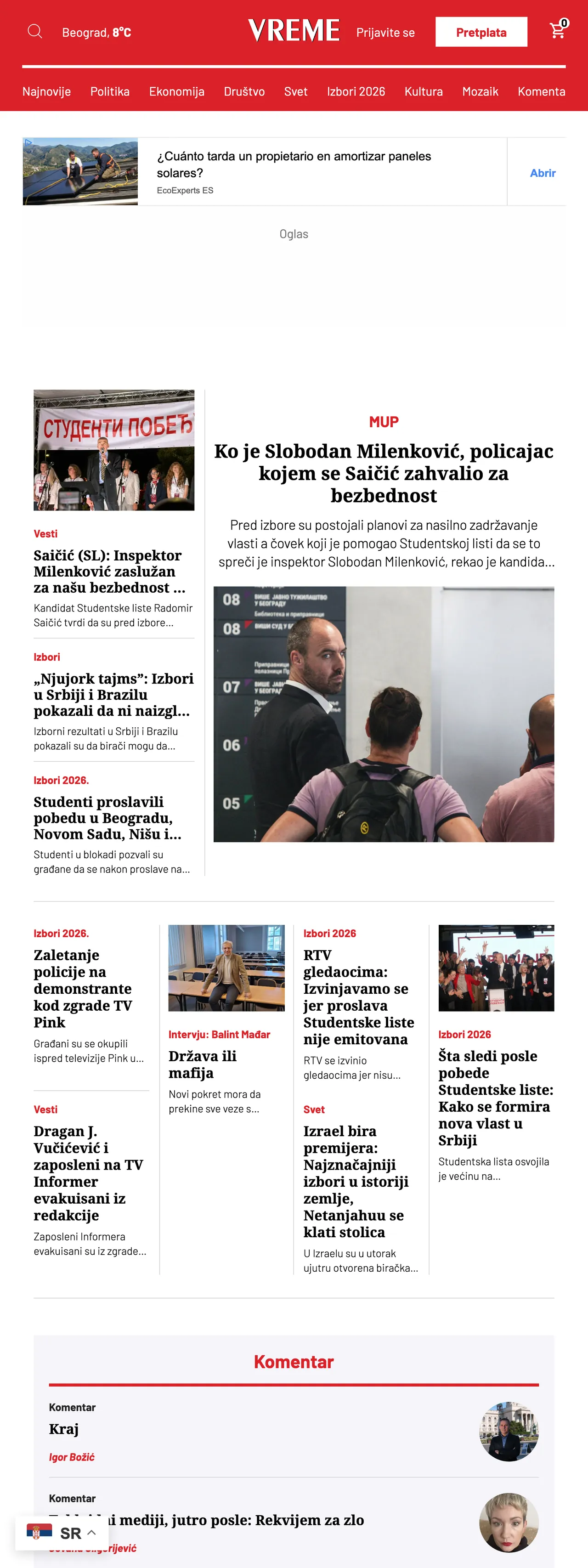 Screenshot of the Vreme front page