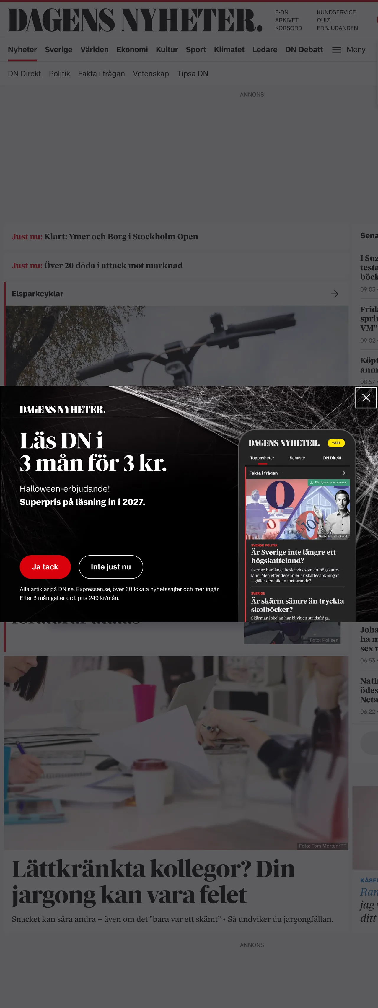 Screenshot of the Dagens Nyheter front page