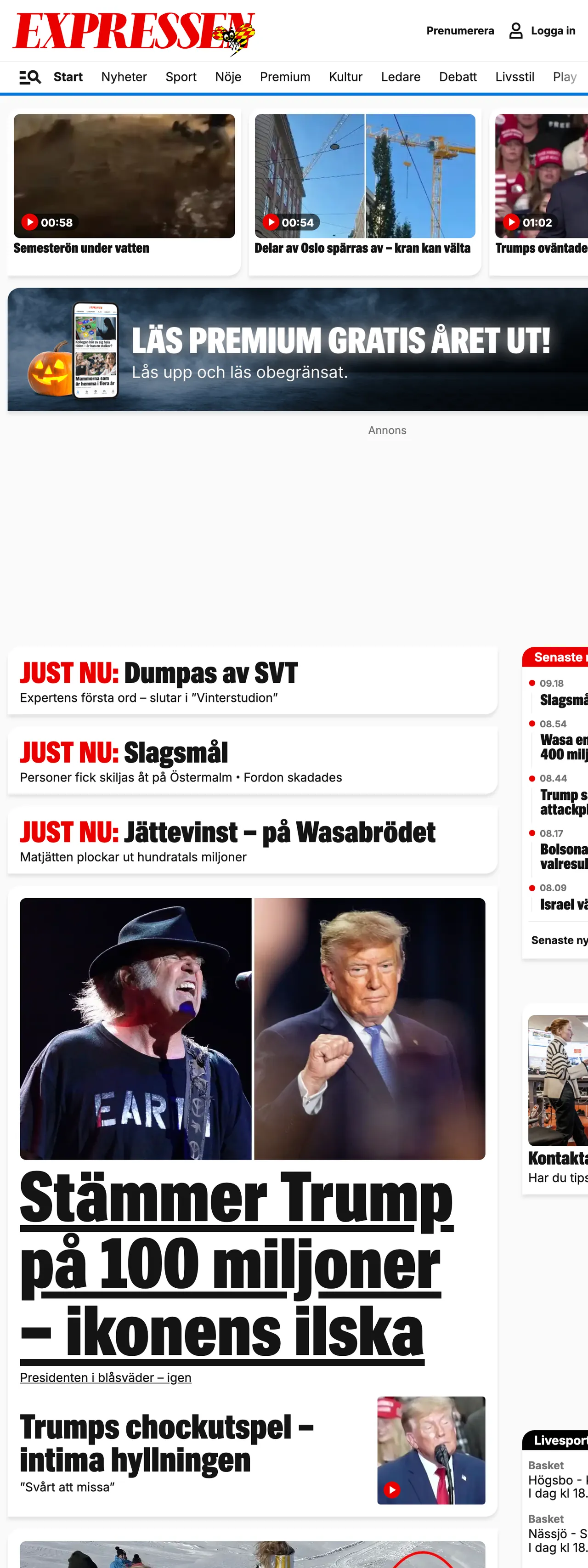 Screenshot of the Expressen front page