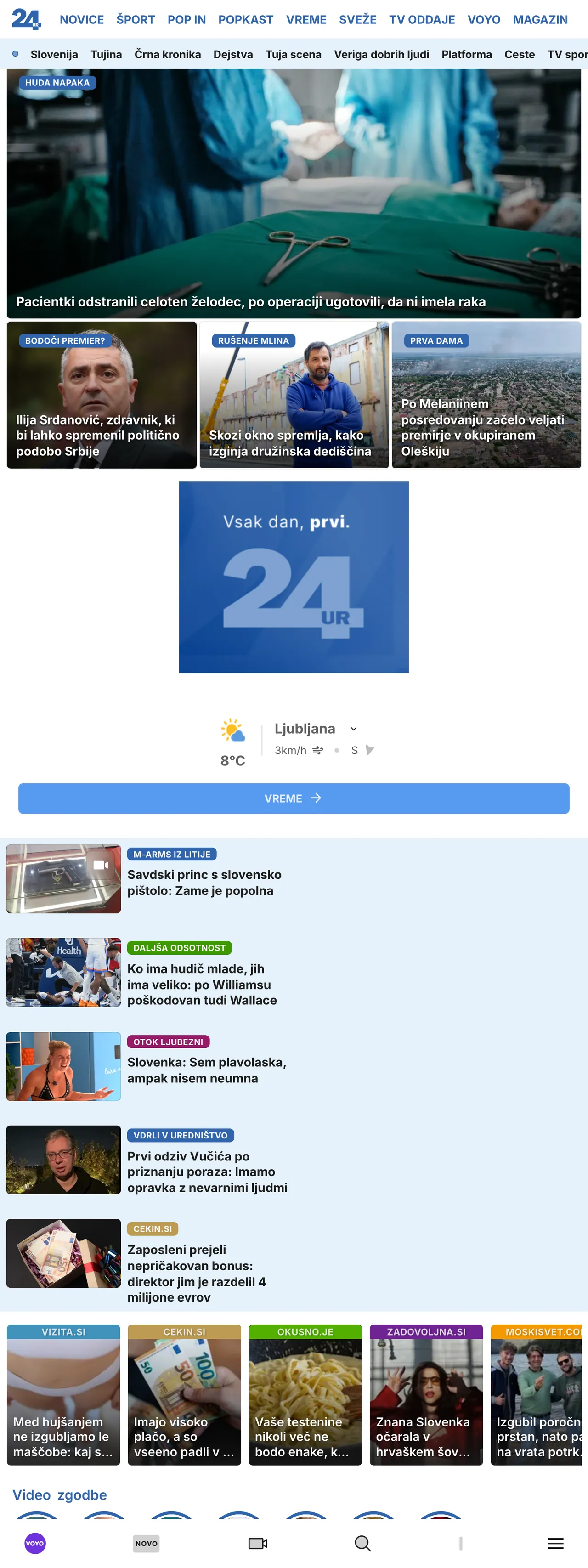 Screenshot of the 24ur front page