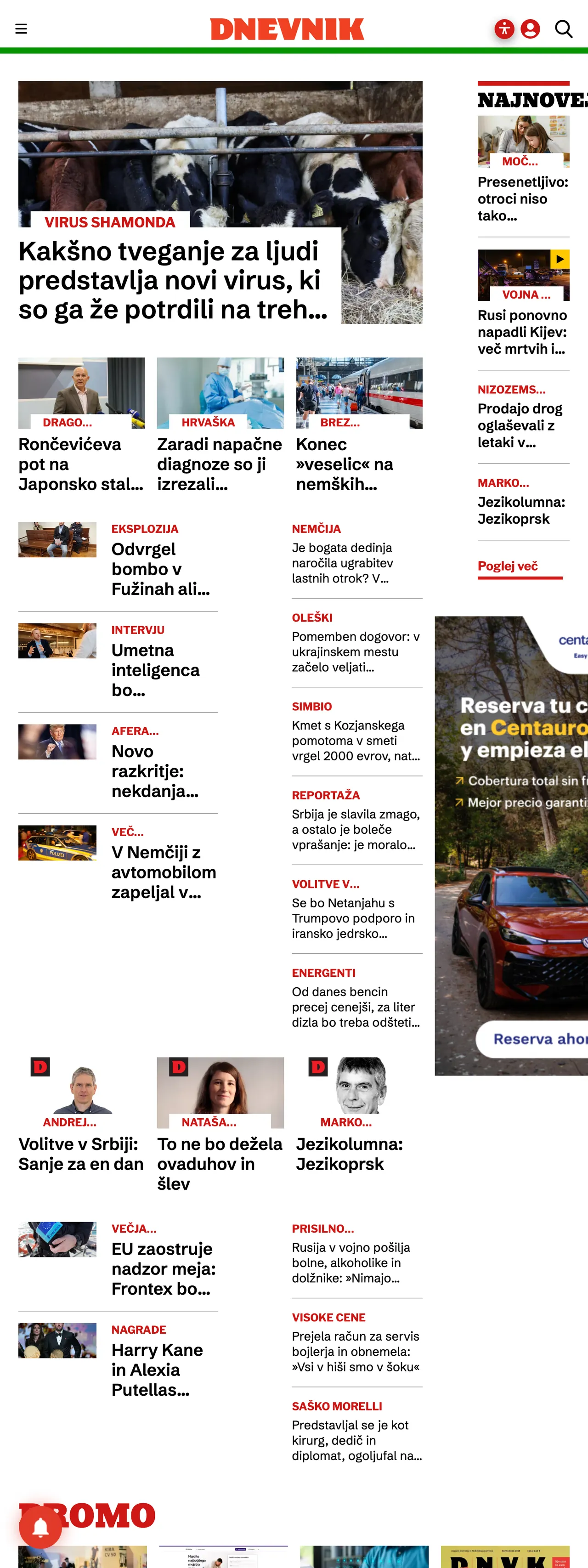 Screenshot of the Dnevnik front page