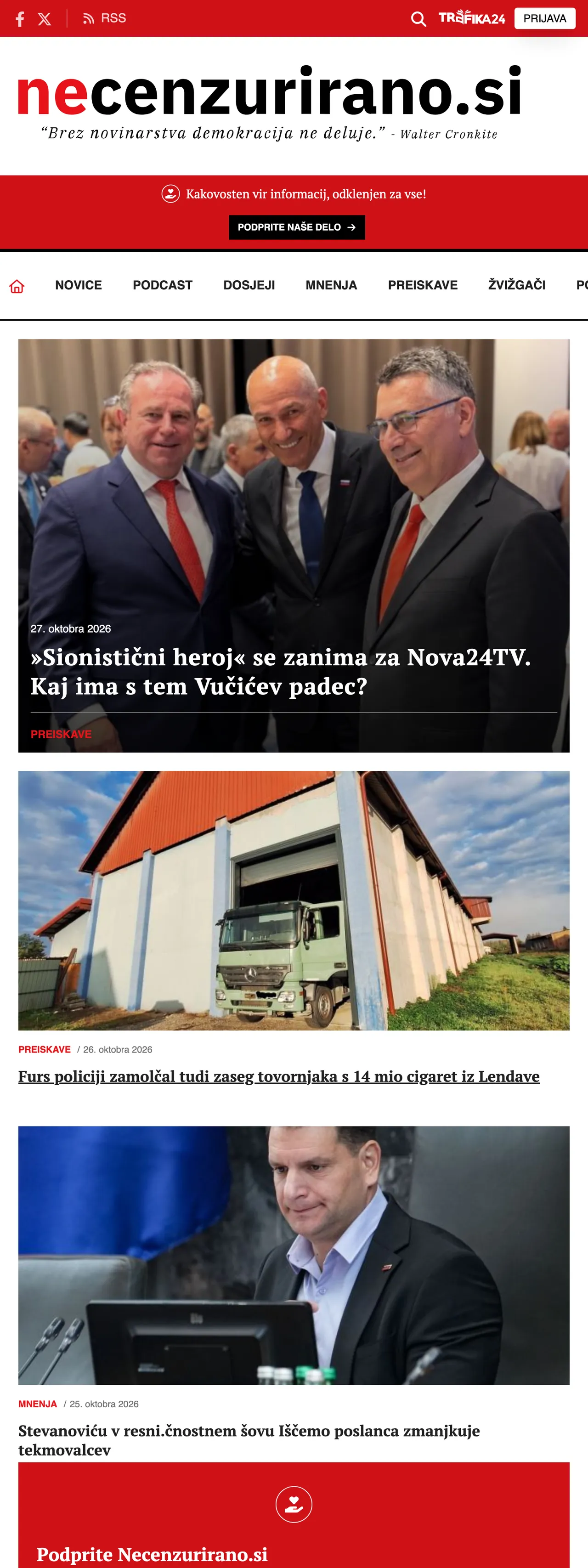Screenshot of the Necenzurirano front page