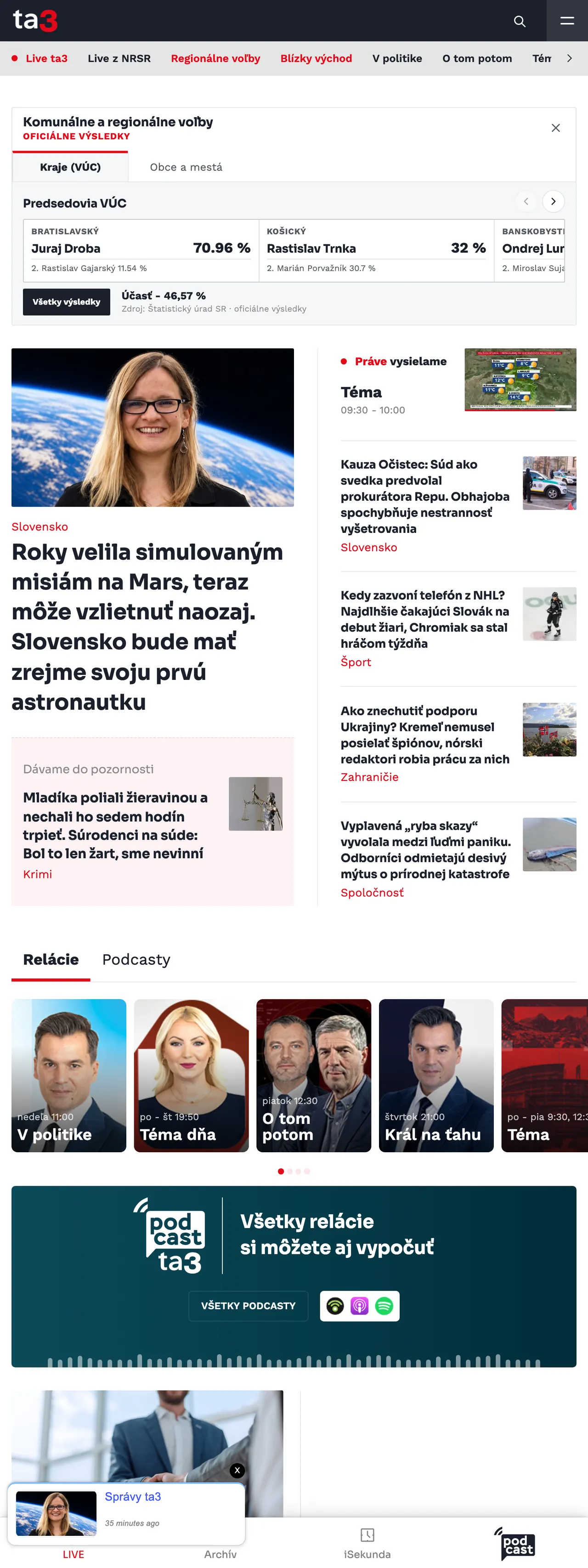 Screenshot of the TA3 front page