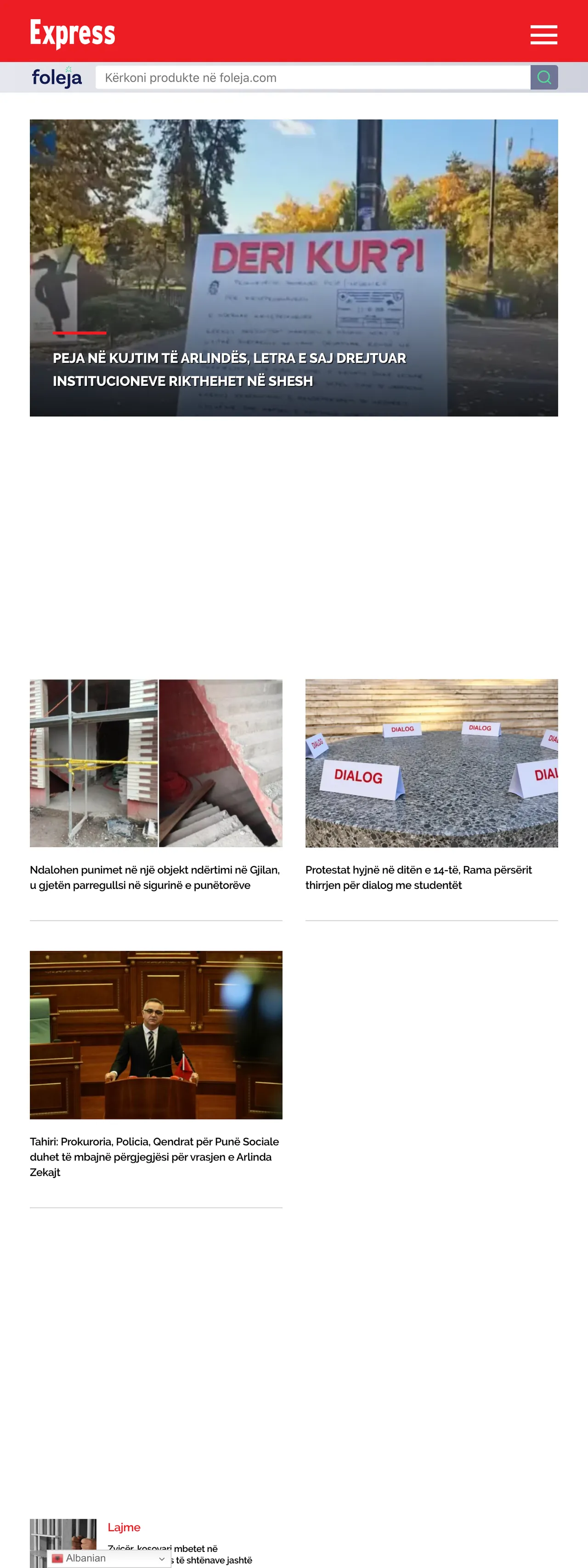 Screenshot of the Gazeta Express front page
