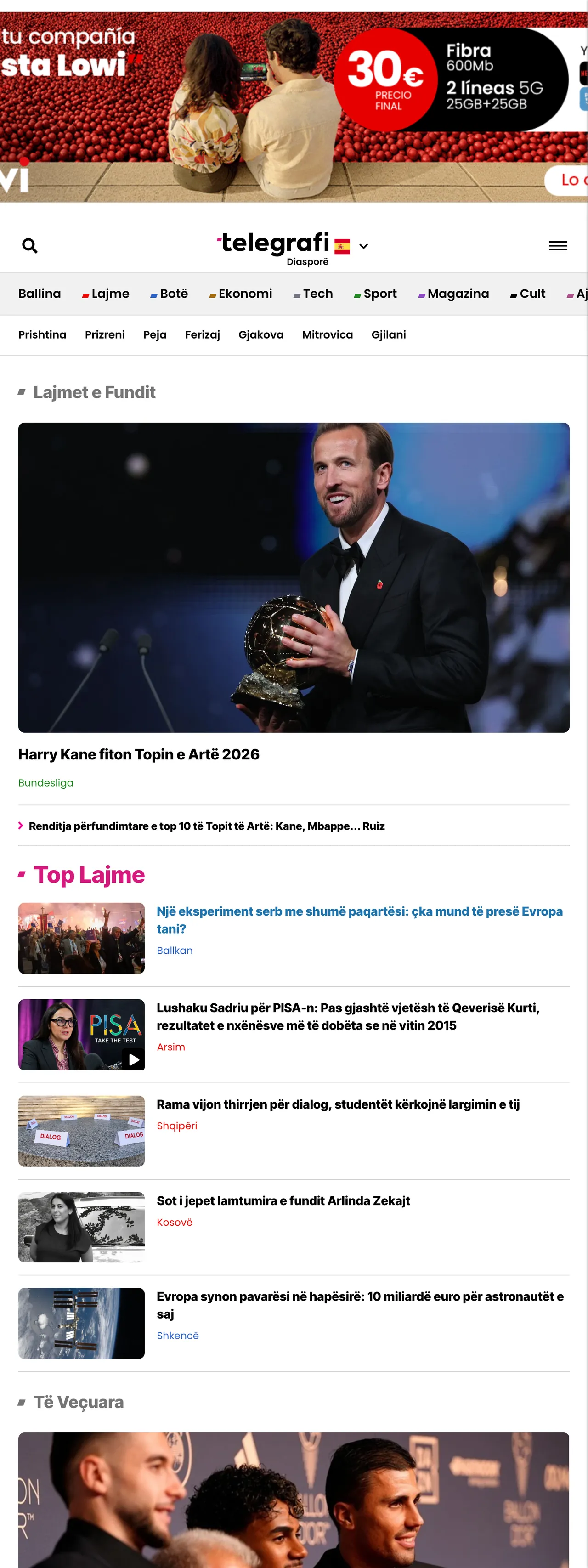 Screenshot of the Telegrafi front page