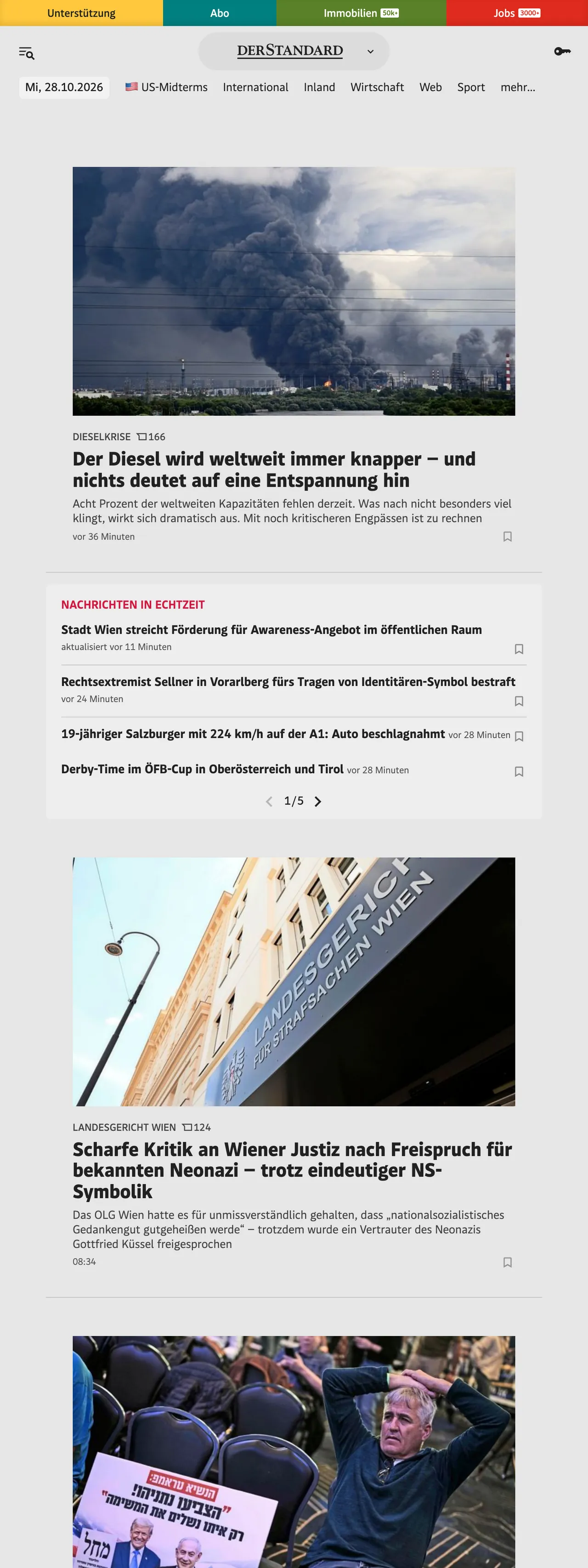 Screenshot of the DER STANDARD front page